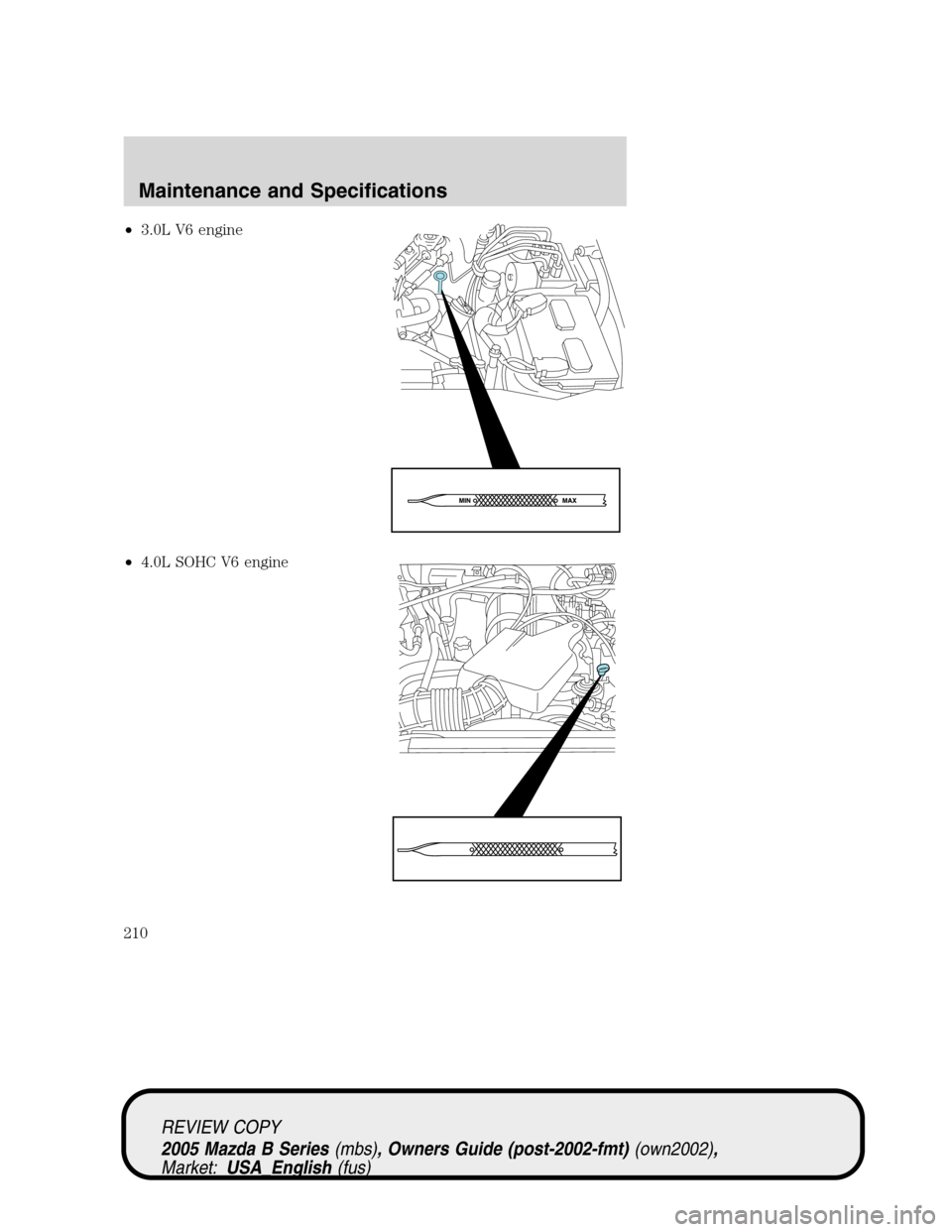 MAZDA MODEL B2300 TRUCK 2005  Owners Manual (in English) •3.0L V6 engine
•4.0L SOHC V6 engine
REVIEW COPY
2005 Mazda B Series(mbs), Owners Guide (post-2002-fmt)(own2002),
Market:USA_English(fus)
Maintenance and Specifications
210 