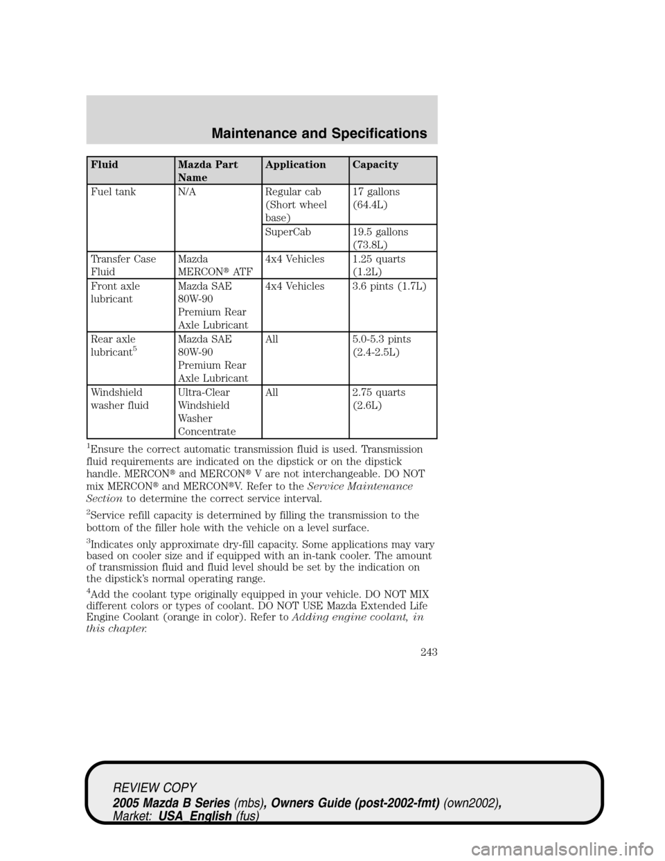 MAZDA MODEL B2300 TRUCK 2005   (in English) Service Manual Fluid Mazda Part
NameApplication Capacity
Fuel tank N/A Regular cab
(Short wheel
base)17 gallons
(64.4L)
SuperCab 19.5 gallons
(73.8L)
Transfer Case
FluidMazda
MERCONAT F4x4 Vehicles 1.25 quarts
(1.2