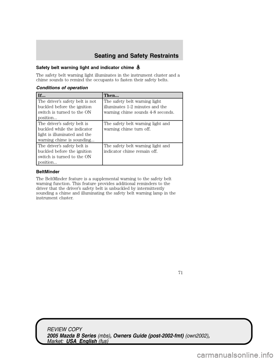 MAZDA MODEL B2300 TRUCK 2005   (in English) Manual PDF Safety belt warning light and indicator chime
The safety belt warning light illuminates in the instrument cluster and a
chime sounds to remind the occupants to fasten their safety belts.
Conditions of