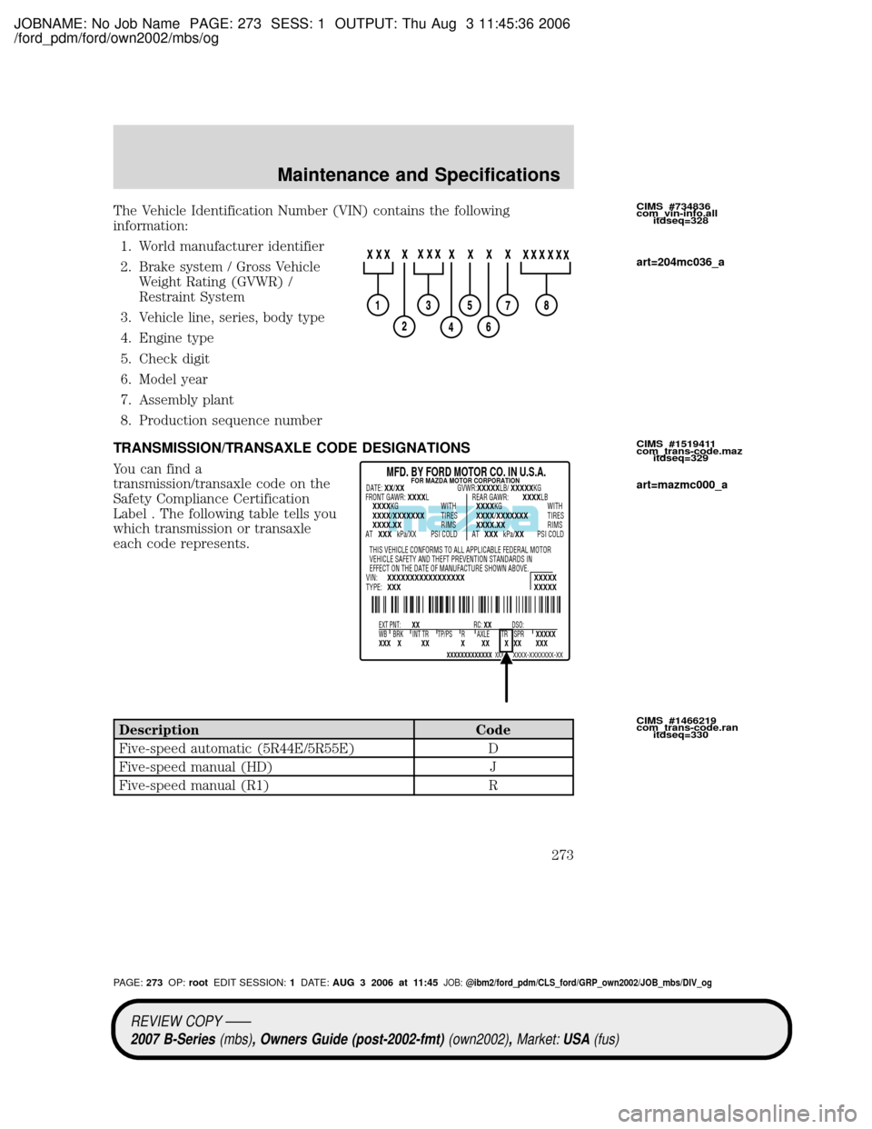 MAZDA MODEL B4000 TRUCK 2007 Owners Manual (in English) JOBNAME: No Job Name PAGE: 273 SESS: 1 OUTPUT: Thu Aug 3 11:45:36 2006
/ford_pdm/ford/own2002/mbs/og
The Vehicle Identification Number (VIN) contains the following
information:
1. World manufacturer i MAZDA MODEL B4000 TRUCK 2007 Owners Manual (in English) JOBNAME: No Job Name PAGE: 273 SESS: 1 OUTPUT: Thu Aug 3 11:45:36 2006
/ford_pdm/ford/own2002/mbs/og
The Vehicle Identification Number (VIN) contains the following
information:
1. World manufacturer i