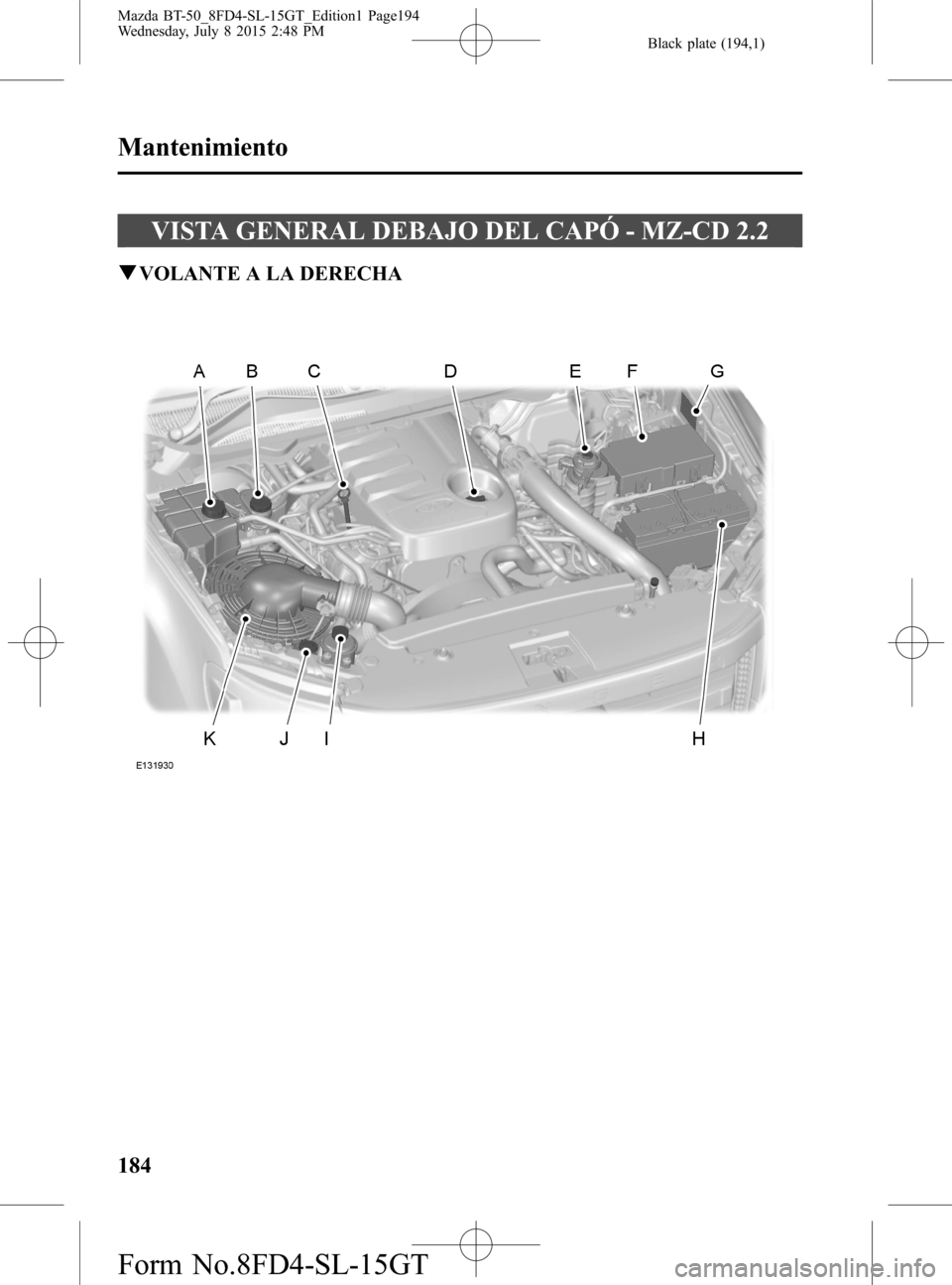 MAZDA MODEL BT-50 2016  Manual del propietario (in Spanish) Black plate (194,1)
VISTA GENERAL DEBAJO DEL CAPÓ - MZ-CD 2.2
qVOLANTE A LA DERECHA
184
Mantenimiento
Mazda BT-50_8FD4-SL-15GT_Edition1 Page194
Wednesday, July 8 2015 2:48 PM
Form No.8FD4-SL-15GT 