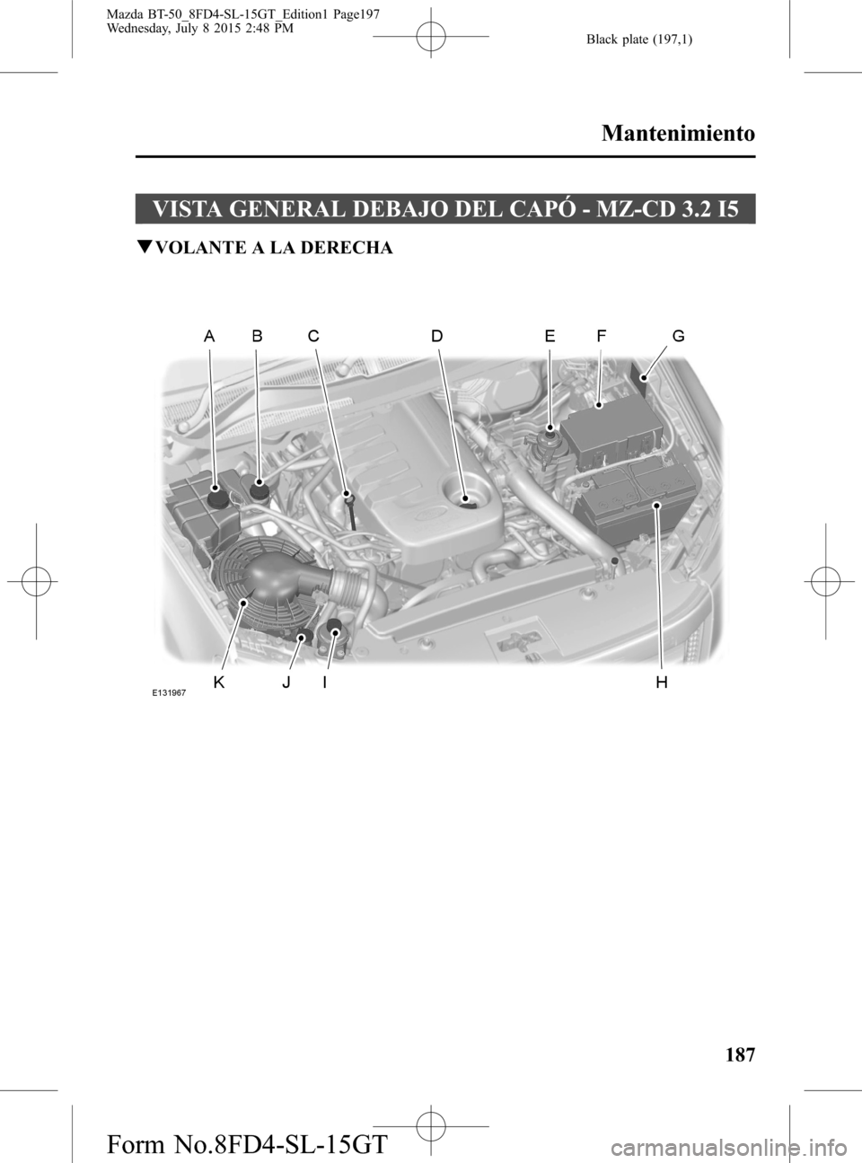 MAZDA MODEL BT-50 2016  Manual del propietario (in Spanish) Black plate (197,1)
VISTA GENERAL DEBAJO DEL CAPÓ - MZ-CD 3.2 I5
qVOLANTE A LA DERECHA
Mantenimiento
187
Mazda BT-50_8FD4-SL-15GT_Edition1 Page197
Wednesday, July 8 2015 2:48 PM
Form No.8FD4-SL-15GT 