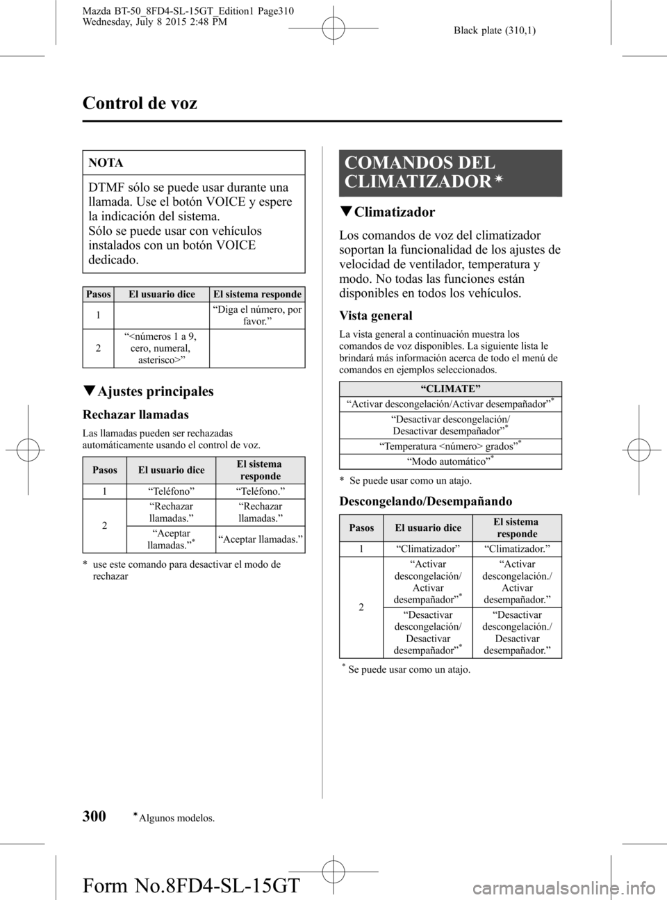 MAZDA MODEL BT-50 2016 Manual del propietario (in Spanish) Black plate (310,1)
NOTA
DTMF sólo se puede usar durante una
llamada. Use el botón VOICE y espere
la indicación del sistema.
Sólo se puede usar con vehículos
instalados con un botón VOICE
dedica MAZDA MODEL BT-50 2016 Manual del propietario (in Spanish) Black plate (310,1)
NOTA
DTMF sólo se puede usar durante una
llamada. Use el botón VOICE y espere
la indicación del sistema.
Sólo se puede usar con vehículos
instalados con un botón VOICE
dedica