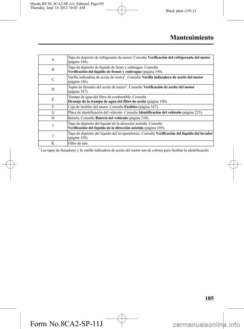 MAZDA MODEL BT-50 2015 Manual del propietario (in Spanish) Black plate (195,1)
ATapa de depósito de refrigerante de motor. ConsulteVerificación del refrigerante del motor
(página 188).
BTapa de depósito de líquido de freno y embrague. Consulte
Verificaci MAZDA MODEL BT-50 2015 Manual del propietario (in Spanish) Black plate (195,1)
ATapa de depósito de refrigerante de motor. ConsulteVerificación del refrigerante del motor
(página 188).
BTapa de depósito de líquido de freno y embrague. Consulte
Verificaci