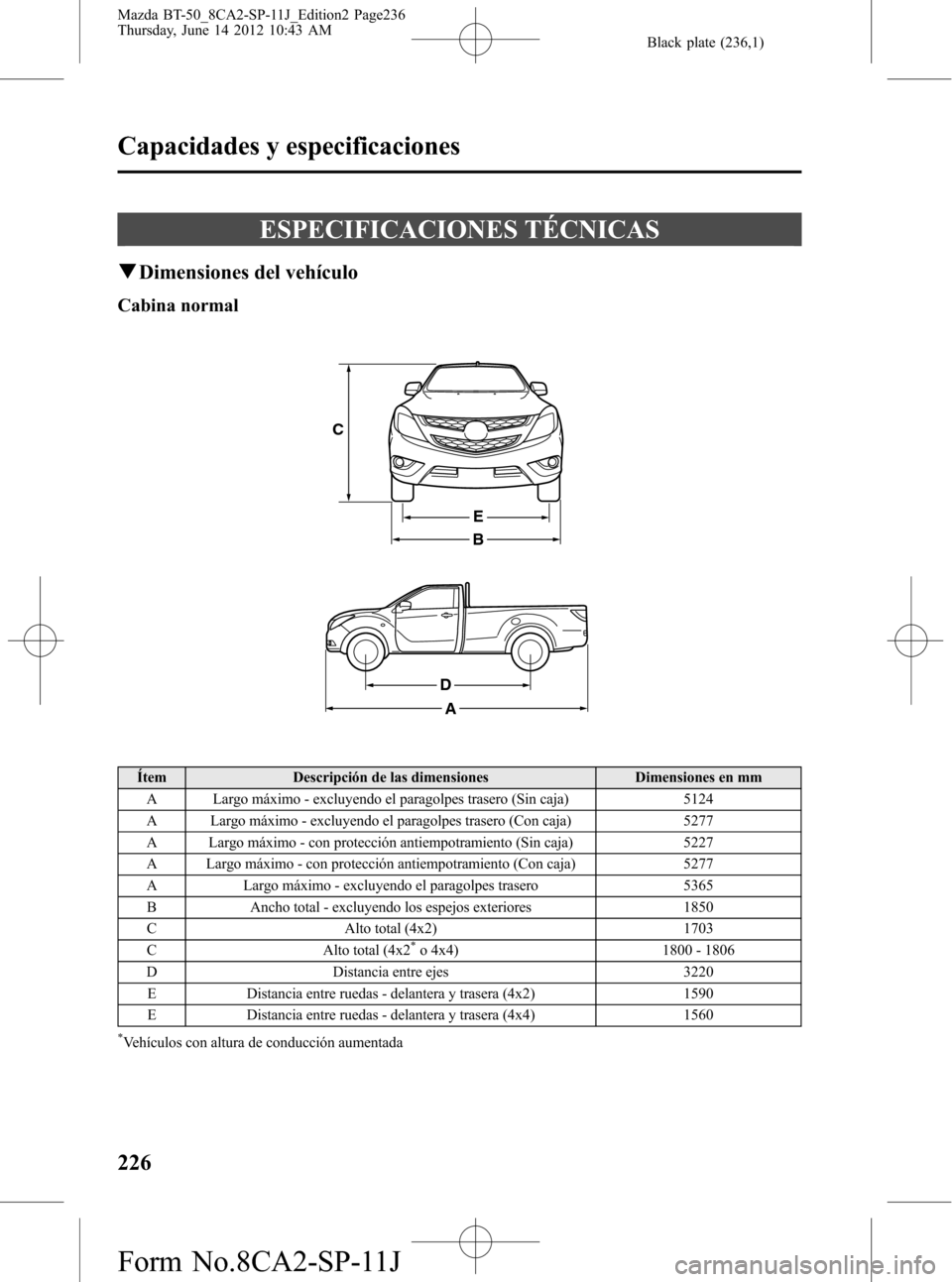 MAZDA MODEL BT-50 2015  Manual del propietario (in Spanish) Black plate (236,1)
ESPECIFICACIONES TÉCNICAS
qDimensiones del vehículo
Cabina normal
B
A
D
E
C
Ítem Descripción de las dimensiones Dimensiones en mm
A Largo máximo - excluyendo el paragolpes tra