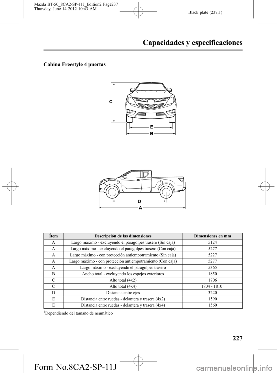 MAZDA MODEL BT-50 2015  Manual del propietario (in Spanish) Black plate (237,1)
Cabina Freestyle 4 puertas
B
E
C
D
A
Ítem Descripción de las dimensiones Dimensiones en mm
A Largo máximo - excluyendo el paragolpes trasero (Sin caja) 5124
A Largo máximo - ex