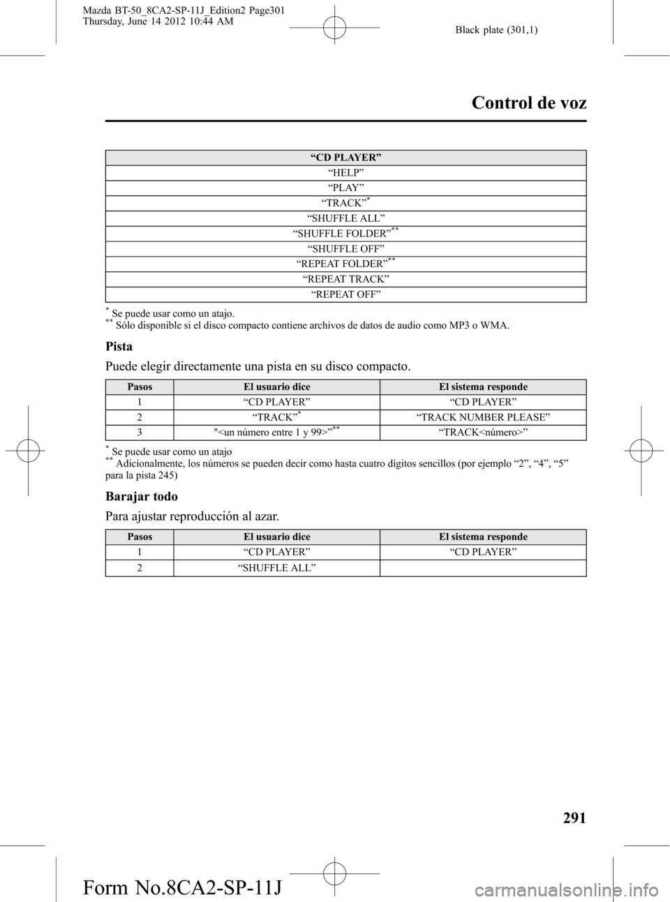 MAZDA MODEL BT-50 2015 Manual del propietario (in Spanish) Black plate (301,1)
“CD PLAYER”
“HELP”
“PLAY”
“TRACK”
*
“SHUFFLE ALL”
“SHUFFLE FOLDER”**
“SHUFFLE OFF”
“REPEAT FOLDER”**
“REPEAT TRACK”
“REPEAT OFF”
*Se puede u MAZDA MODEL BT-50 2015 Manual del propietario (in Spanish) Black plate (301,1)
“CD PLAYER”
“HELP”
“PLAY”
“TRACK”
*
“SHUFFLE ALL”
“SHUFFLE FOLDER”**
“SHUFFLE OFF”
“REPEAT FOLDER”**
“REPEAT TRACK”
“REPEAT OFF”
*Se puede u