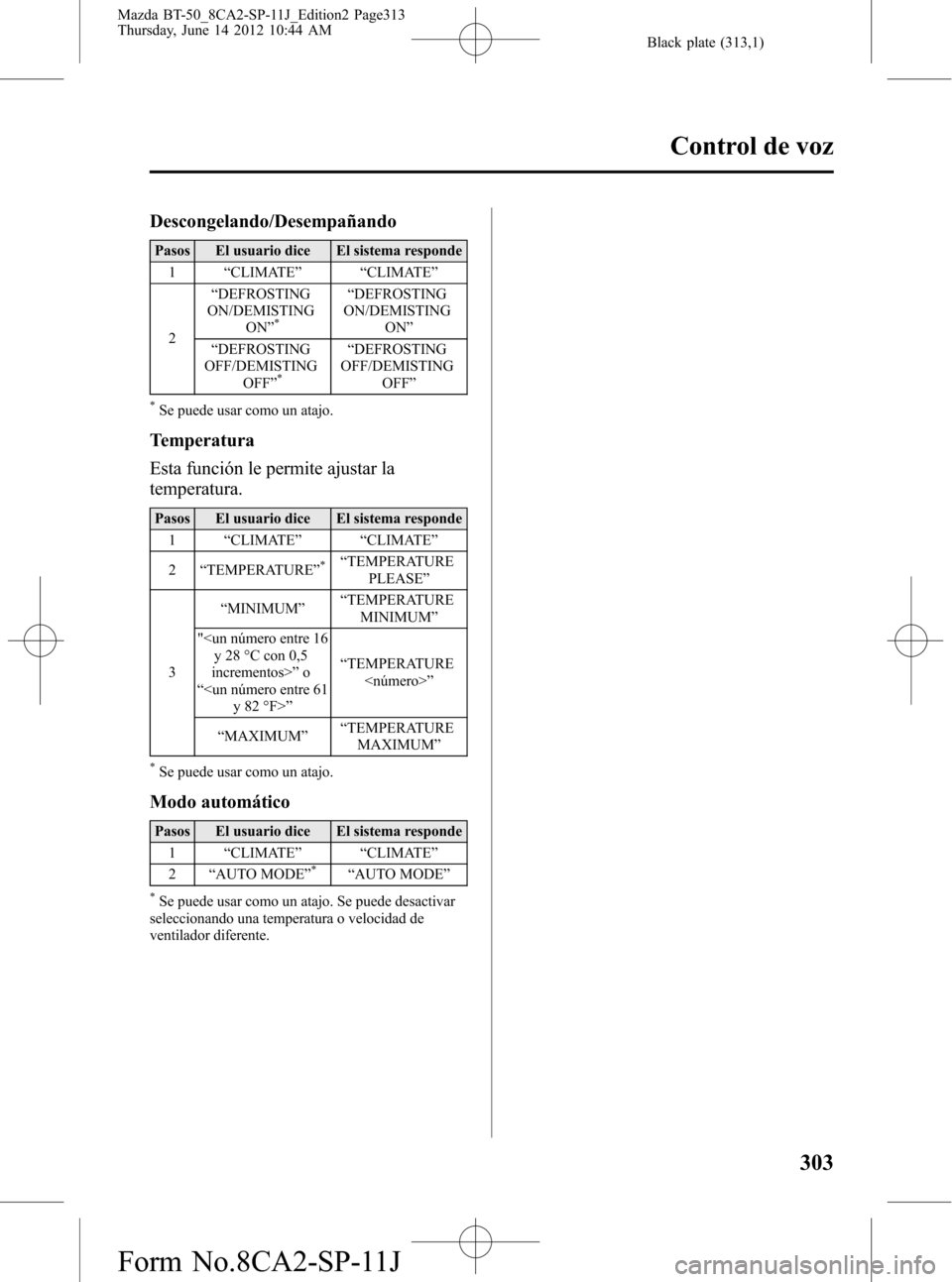 MAZDA MODEL BT-50 2015  Manual del propietario (in Spanish) Black plate (313,1)
Descongelando/Desempañando
Pasos El usuario dice El sistema responde
1“CLIMATE”“CLIMATE”
2“DEFROSTING
ON/DEMISTING
ON”
*
“DEFROSTING
ON/DEMISTING
ON”
“DEFROSTING