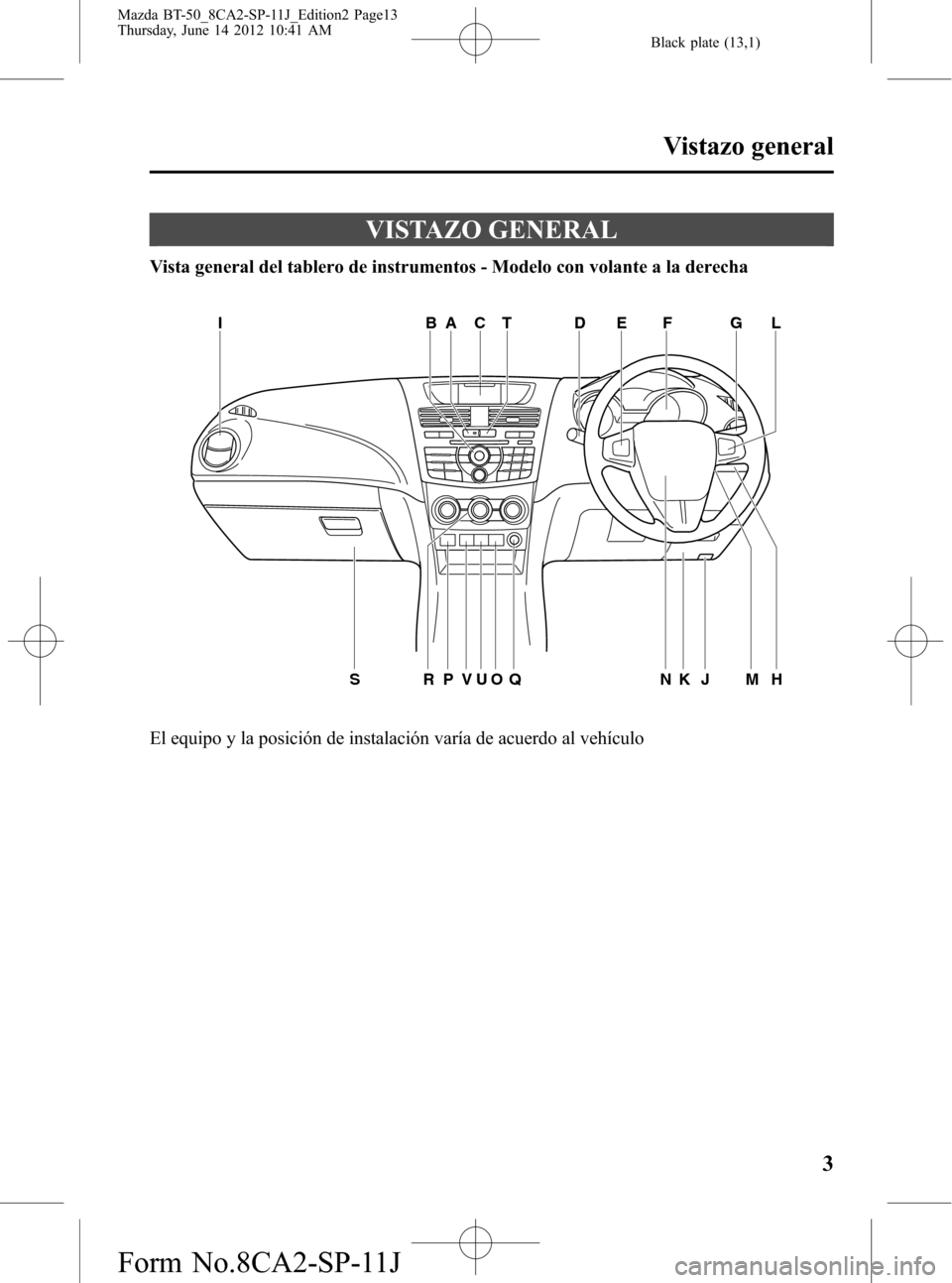 MAZDA MODEL BT-50 2014 Manual del propietario (in Spanish) Black plate (13,1)
VISTAZO GENERAL
Vista general del tablero de instrumentos - Modelo con volante a la derecha
IBACTDEFGL
MH J K N Q O U VP R S
El equipo y la posición de instalación varía de acuer MAZDA MODEL BT-50 2014 Manual del propietario (in Spanish) Black plate (13,1)
VISTAZO GENERAL
Vista general del tablero de instrumentos - Modelo con volante a la derecha
IBACTDEFGL
MH J K N Q O U VP R S
El equipo y la posición de instalación varía de acuer