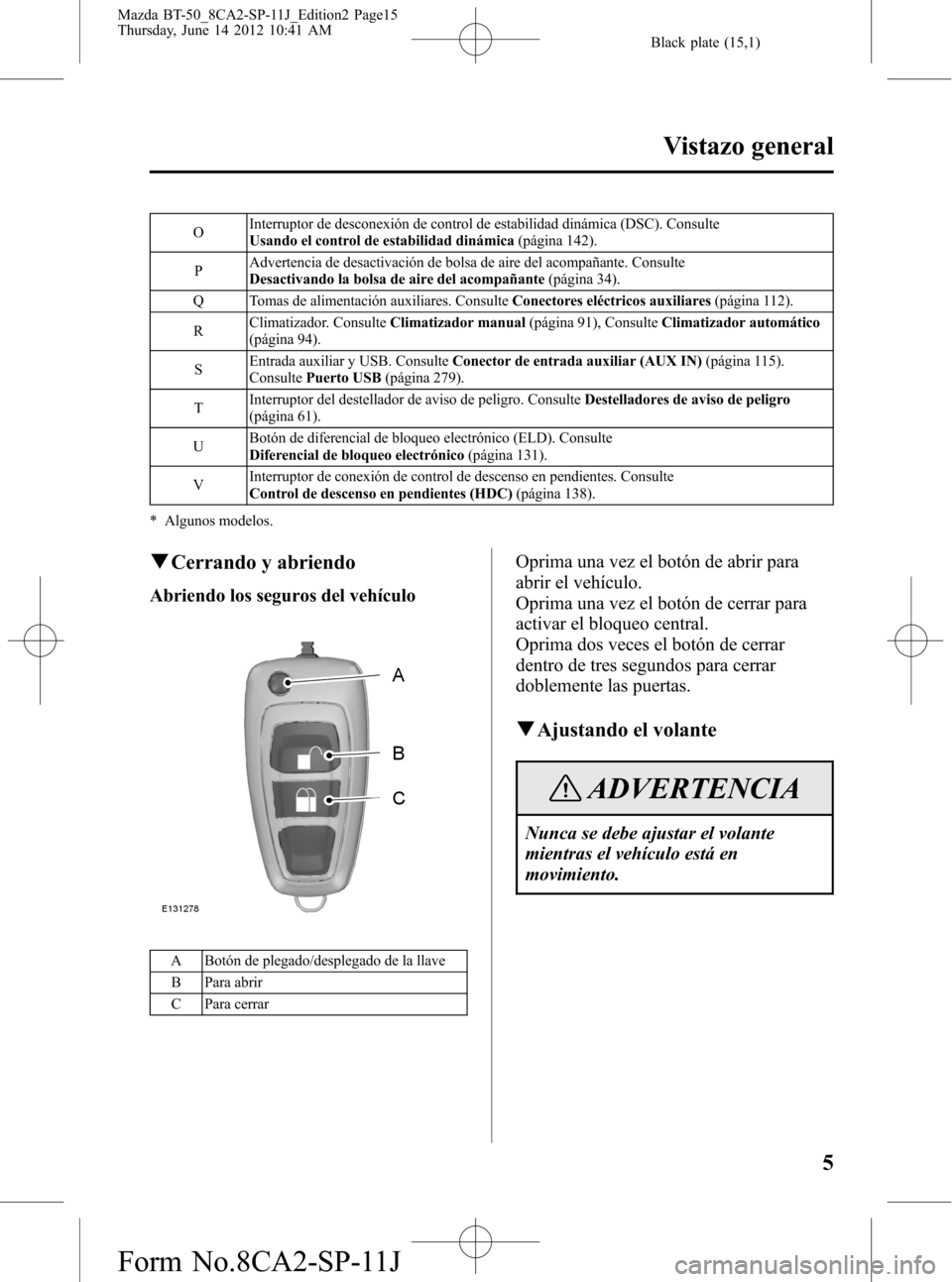 MAZDA MODEL BT-50 2014  Manual del propietario (in Spanish) Black plate (15,1)
OInterruptor de desconexión de control de estabilidad dinámica (DSC). Consulte
Usando el control de estabilidad dinámica(página 142).
PAdvertencia de desactivación de bolsa de 