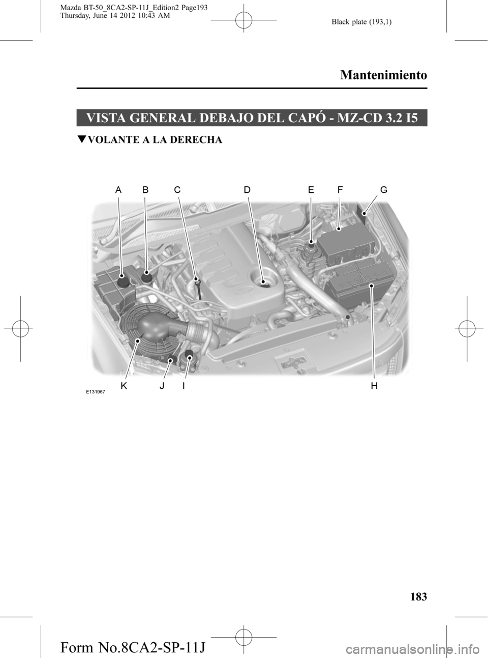 MAZDA MODEL BT-50 2014  Manual del propietario (in Spanish) Black plate (193,1)
VISTA GENERAL DEBAJO DEL CAPÓ - MZ-CD 3.2 I5
qVOLANTE A LA DERECHA
Mantenimiento
183
Mazda BT-50_8CA2-SP-11J_Edition2 Page193
Thursday, June 14 2012 10:43 AM
Form No.8CA2-SP-11J 