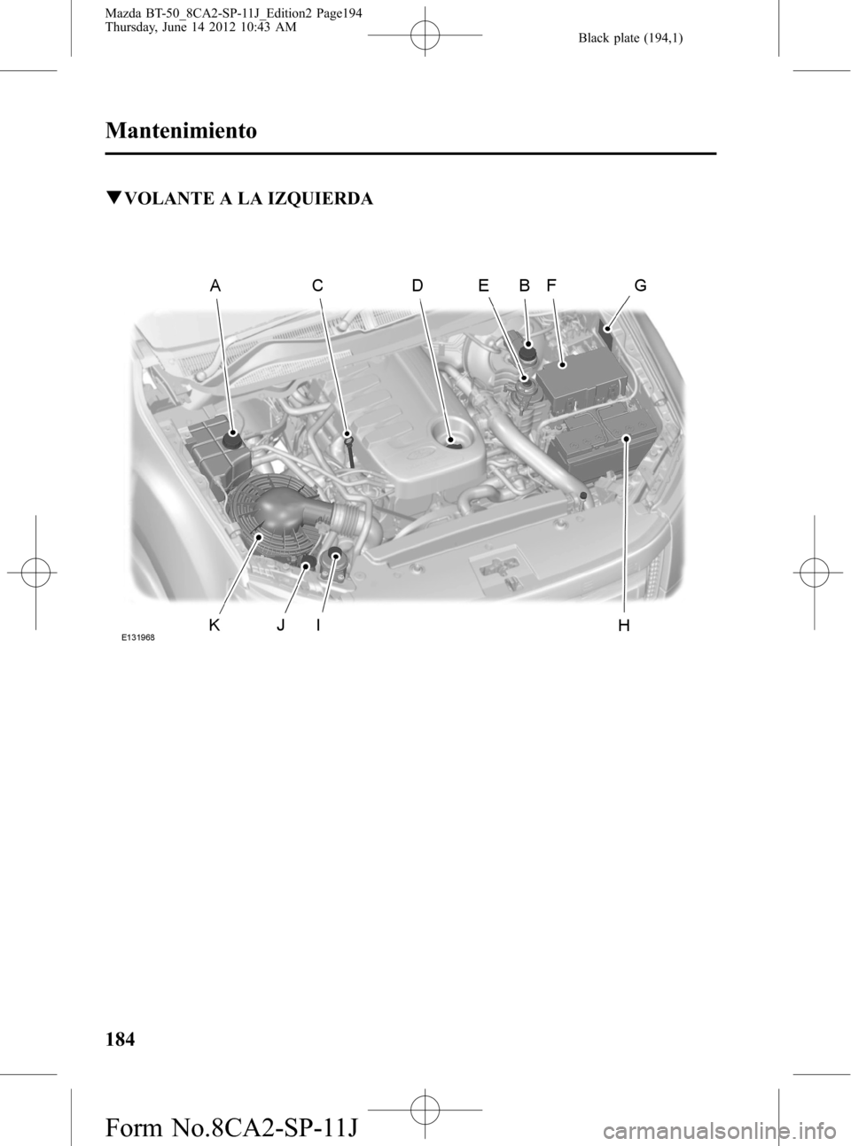 MAZDA MODEL BT-50 2014  Manual del propietario (in Spanish) Black plate (194,1)
qVOLANTE A LA IZQUIERDA
184
Mantenimiento
Mazda BT-50_8CA2-SP-11J_Edition2 Page194
Thursday, June 14 2012 10:43 AM
Form No.8CA2-SP-11J 