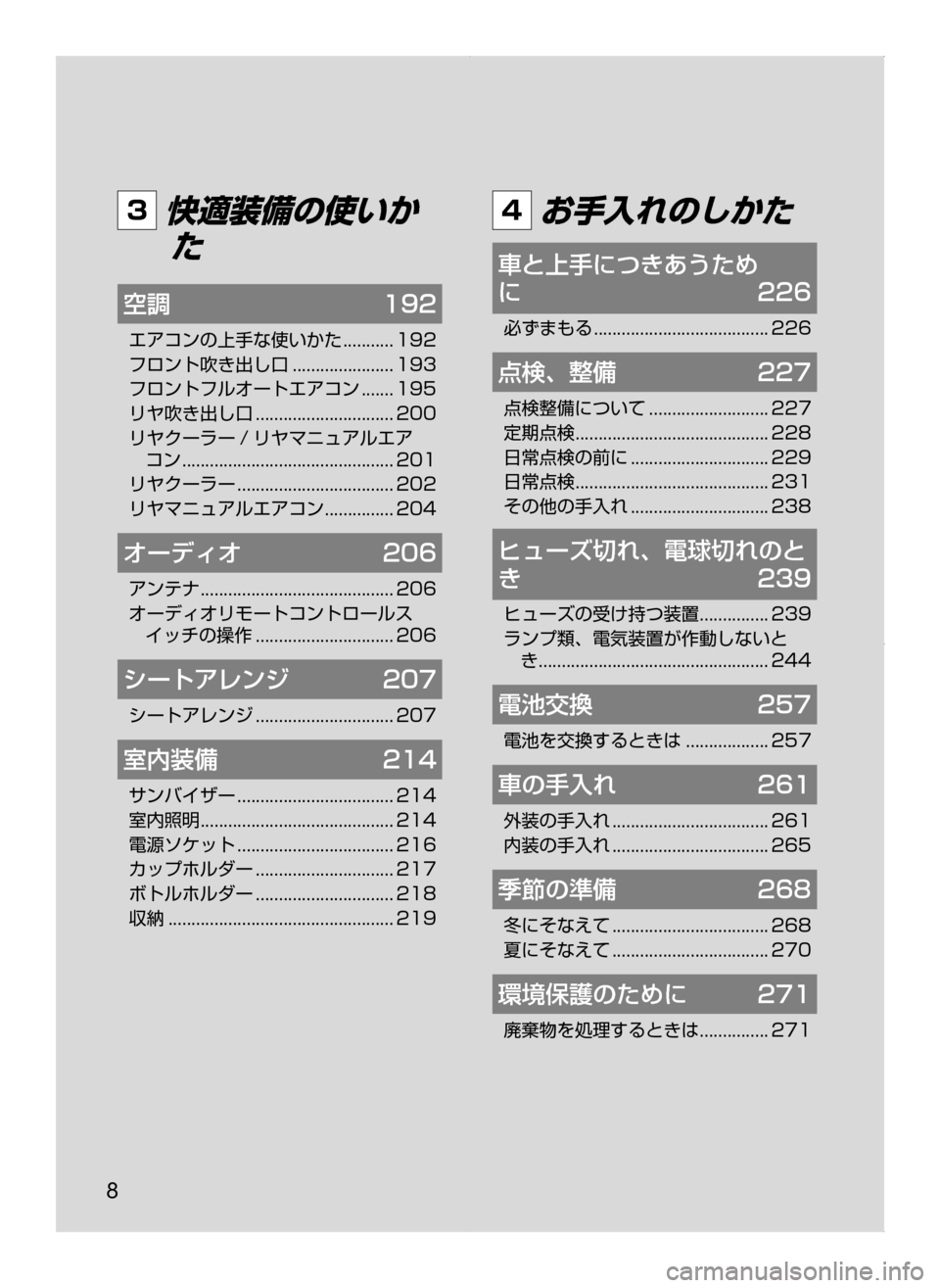 MAZDA MODEL BIANTE 2008  取扱説明書 (in Japanese) 8
3 快適装備の使いかた
空調	 192
エアコンの上手な使いかた...........192
フロント吹き出し口
......................193
フロントフルオートエアコン
.......19