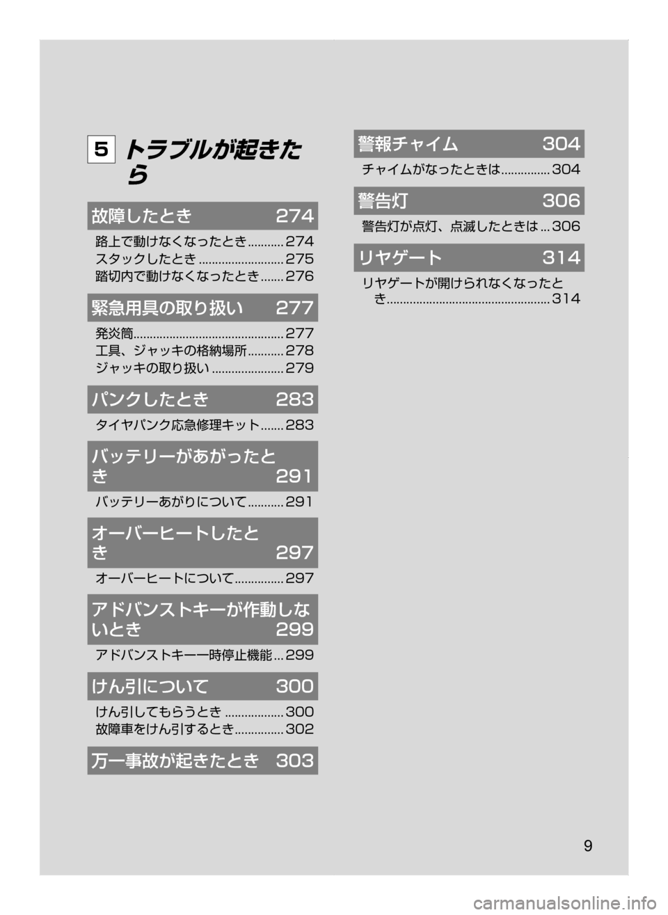 MAZDA MODEL BIANTE 2008  取扱説明書 (in Japanese) 9
5 トラブルが起きたら
故障したとき	 274
路上で動けなくなったとき...........274
スタックしたとき
..........................275
踏切内で動けなくなったと