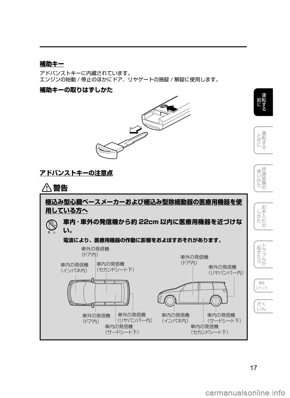 MAZDA MODEL BIANTE 2008  取扱説明書 (in Japanese) 17
運転する
前に
運転する
ときに
快適装備の
使いかた
お手入れの
しかた
トラブルが
起きたら
車両
スペック
さく
いん
補助キー
アドバンストキ�