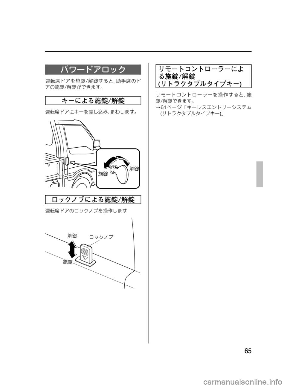 MAZDA MODEL BONGO TRACK 2016  取扱説明書 (in Japanese) Black plate (65,1)
パワードアロック
運転席ドアを施錠/解錠すると､助手席のド
アの施錠/解錠ができます。
キーによる施錠/解錠
運転席ドアにキーを差