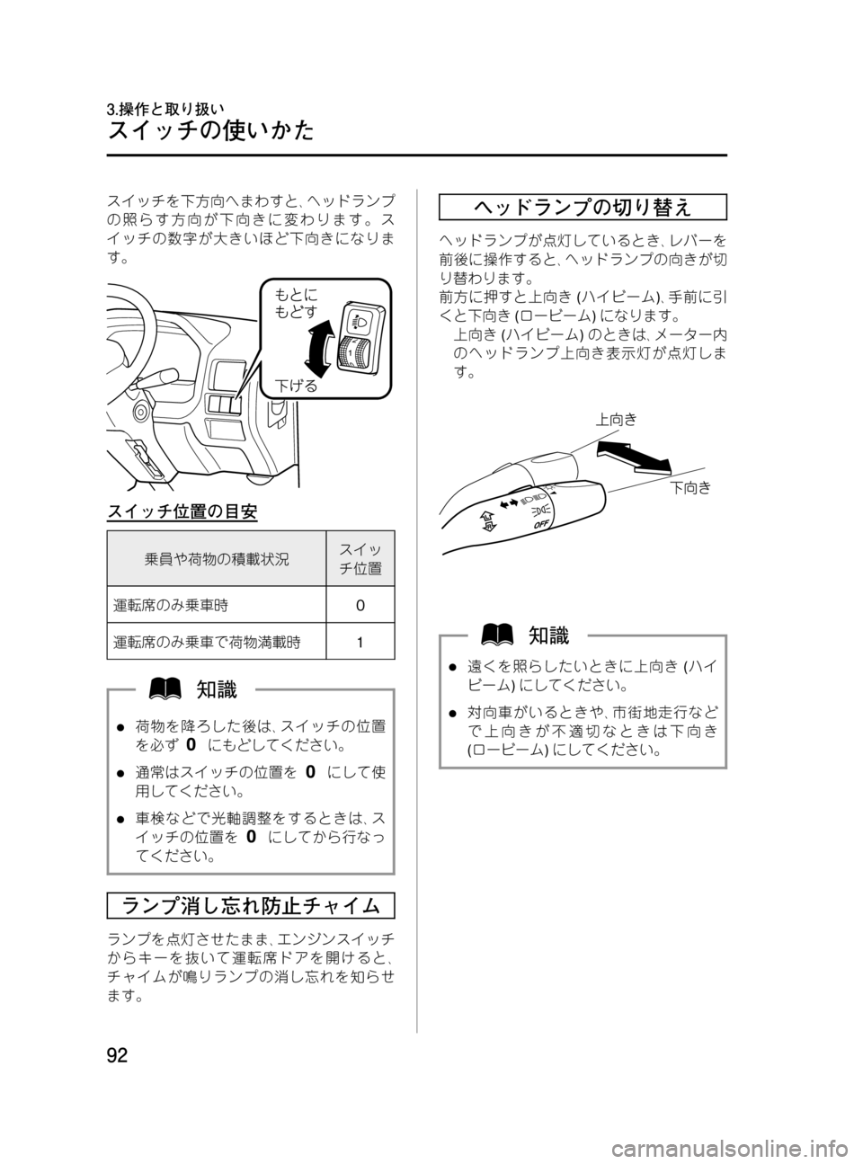 MAZDA MODEL BONGO TRACK 2016  取扱説明書 (in Japanese) Black plate (92,1)
スイッチを下方向へまわすと､ヘッドランプ
の照らす方向が下向きに変わります。ス
イッチの数字が大きいほど下向きになりま
す。
