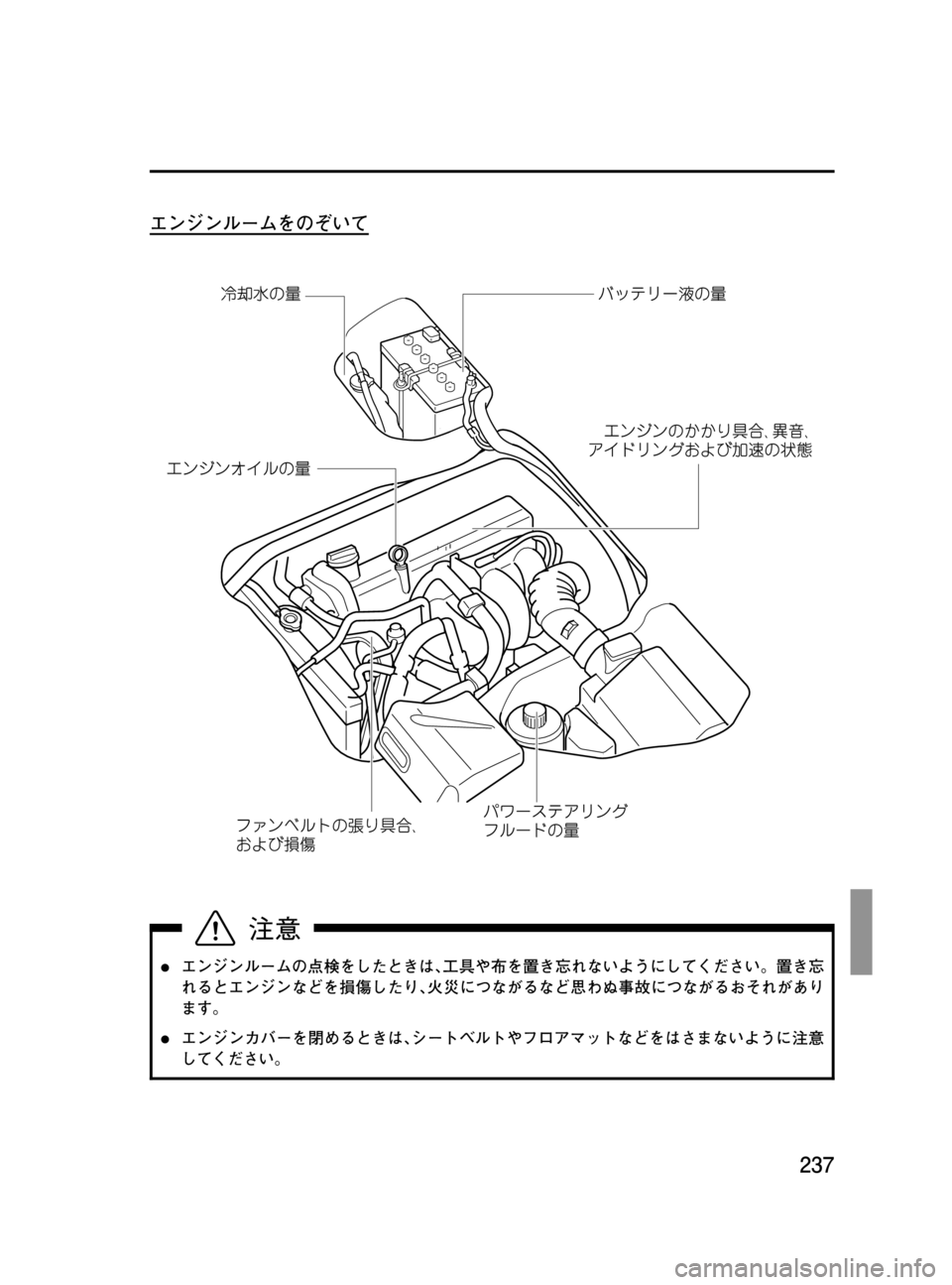 MAZDA MODEL BONGO VAN 2016  取扱説明書 (in Japanese) Black plate (237,1)
エンジンルームをのぞいて
lエンジンルームの点検をしたときは､工具や布を置き忘れないようにしてください。置き忘
れるとエンジ