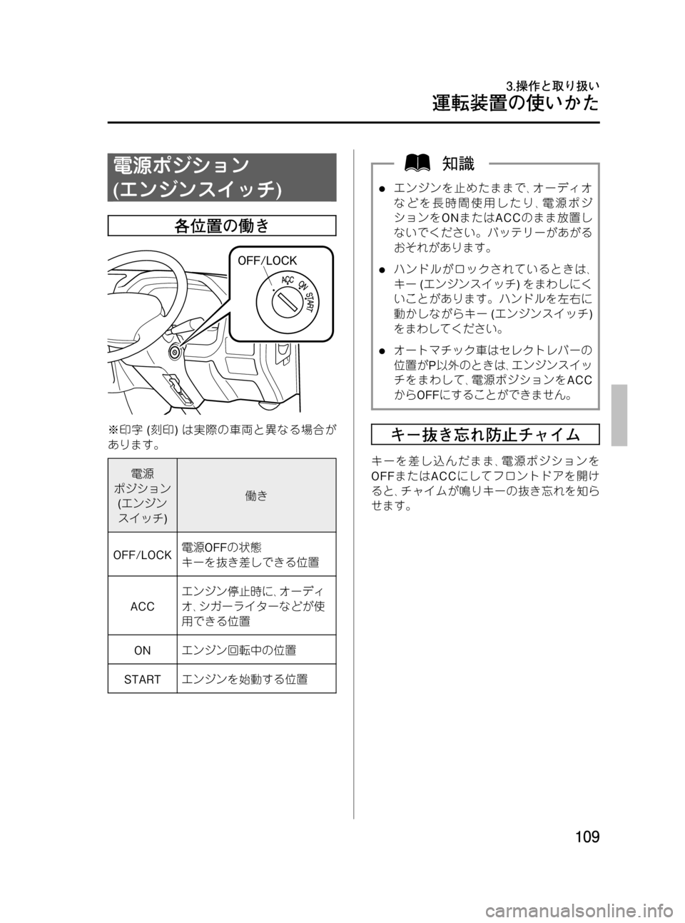 MAZDA MODEL BONGO VAN 2012  取扱説明書 (in Japanese) Black plate (109,1)
電源ポジション
(エンジンスイッチ)
各位置の働き
※印字(刻印)は実際の車両と異なる場合が
あります。
電源
ポジション
(エンジン
