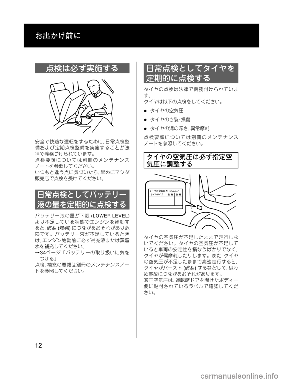 MAZDA MODEL BONGO VAN 2012  取扱説明書 (in Japanese) Black plate (12,1)
点検は必ず実施する
安全で快適な運転をするために､日常点検整
備および定期点検整備を実施することが法
律で義務づけられていま