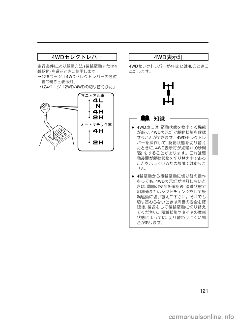 MAZDA MODEL BONGO VAN 2012  取扱説明書 (in Japanese) Black plate (121,1)
4WDセレクトレバー
走行条件により駆動方法(後輪駆動または4
輪駆動)を選ぶときに使用します。
→126ページ「4WDセレクトレバーの各位