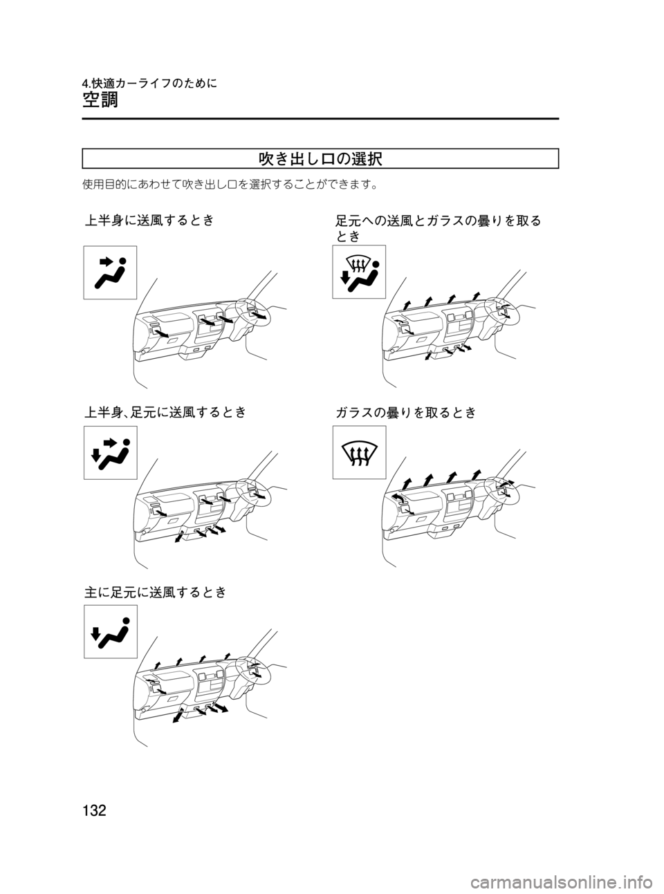 MAZDA MODEL BONGO VAN 2012  取扱説明書 (in Japanese) Black plate (132,1)
吹き出し口の選択
使用目的にあわせて吹き出し口を選択することができます。
132
BONGO VAN_JH_初版132ページ
2012年4月25日09:29 AM
Form No.JH
