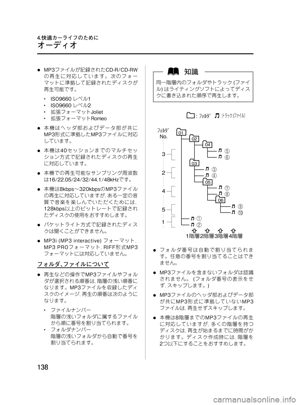 MAZDA MODEL BONGO VAN 2012 取扱説明書 (in Japanese) Black plate (138,1)
lMP3ファイルが記録されたCD-R/CD-RW
の再生に対応しています。次のフォー
マットに準拠して記録されたディスクが
再生可能です。
lISO96 MAZDA MODEL BONGO VAN 2012 取扱説明書 (in Japanese) Black plate (138,1)
lMP3ファイルが記録されたCD-R/CD-RW
の再生に対応しています。次のフォー
マットに準拠して記録されたディスクが
再生可能です。
lISO96