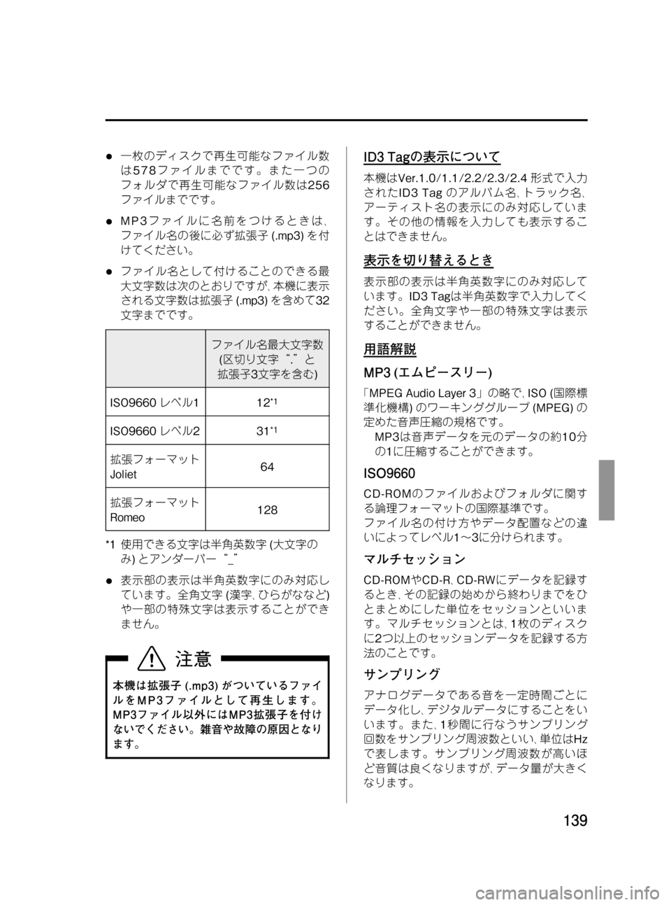 MAZDA MODEL BONGO VAN 2012 取扱説明書 (in Japanese) Black plate (139,1)
l一枚のディスクで再生可能なファイル数
は578ファイルまでです。また一つの
フォルダで再生可能なファイル数は256
ファイルまでで MAZDA MODEL BONGO VAN 2012 取扱説明書 (in Japanese) Black plate (139,1)
l一枚のディスクで再生可能なファイル数
は578ファイルまでです。また一つの
フォルダで再生可能なファイル数は256
ファイルまでで
