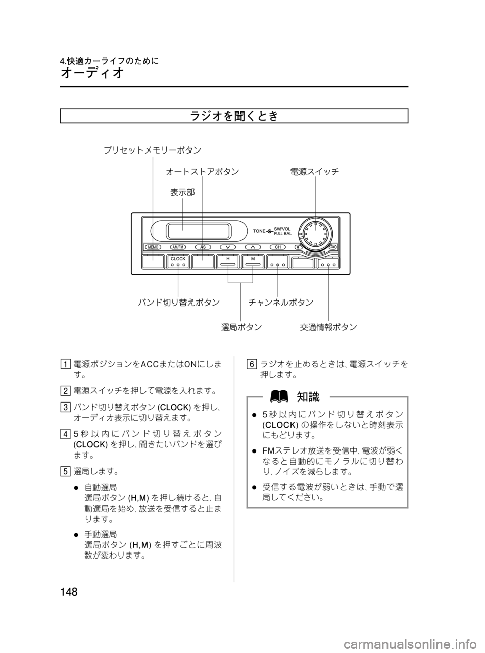 MAZDA MODEL BONGO VAN 2012  取扱説明書 (in Japanese) Black plate (148,1)
ラジオを聞くとき
電源ポジションをACCまたはONにしま
す。
電源スイッチを押して電源を入れます。
バンド切り替えボタン(CLOCK)を押