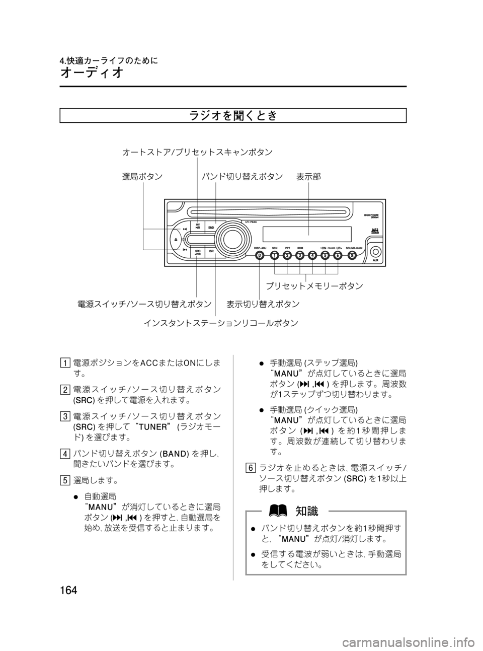 MAZDA MODEL BONGO VAN 2012  取扱説明書 (in Japanese) Black plate (164,1)
ラジオを聞くとき
電源ポジションをACCまたはONにしま
す。
電源スイッチ/ソース切り替えボタン
(SRC)を押して電源を入れます。
電源