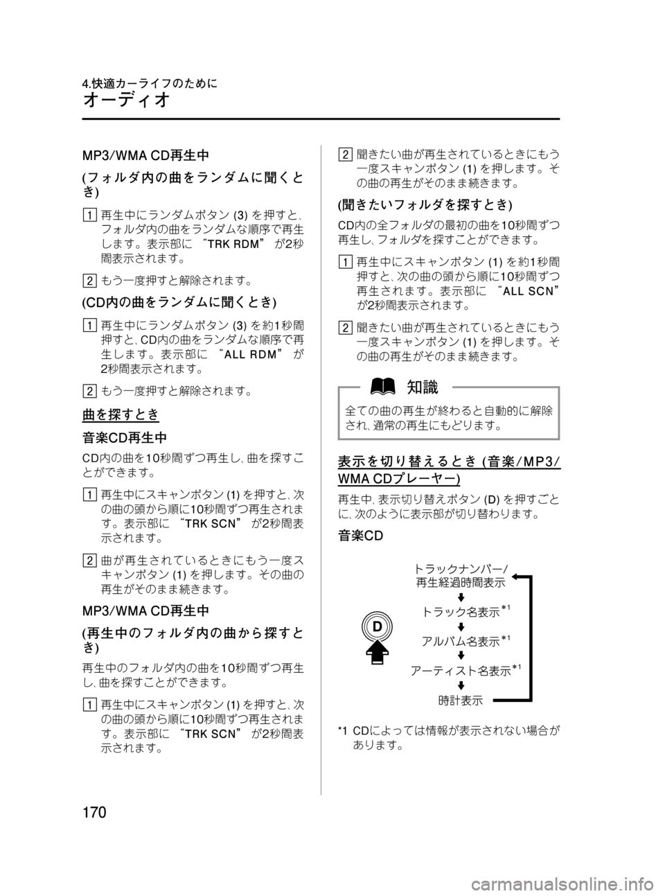 MAZDA MODEL BONGO VAN 2012 取扱説明書 (in Japanese) Black plate (170,1)
MP3/WMA CD再生中
(フォルダ内の曲をランダムに聞くと
き)
再生中にランダムボタン(3)を押すと、
フォルダ内の曲をランダムな順序で再 MAZDA MODEL BONGO VAN 2012 取扱説明書 (in Japanese) Black plate (170,1)
MP3/WMA CD再生中
(フォルダ内の曲をランダムに聞くと
き)
再生中にランダムボタン(3)を押すと、
フォルダ内の曲をランダムな順序で再