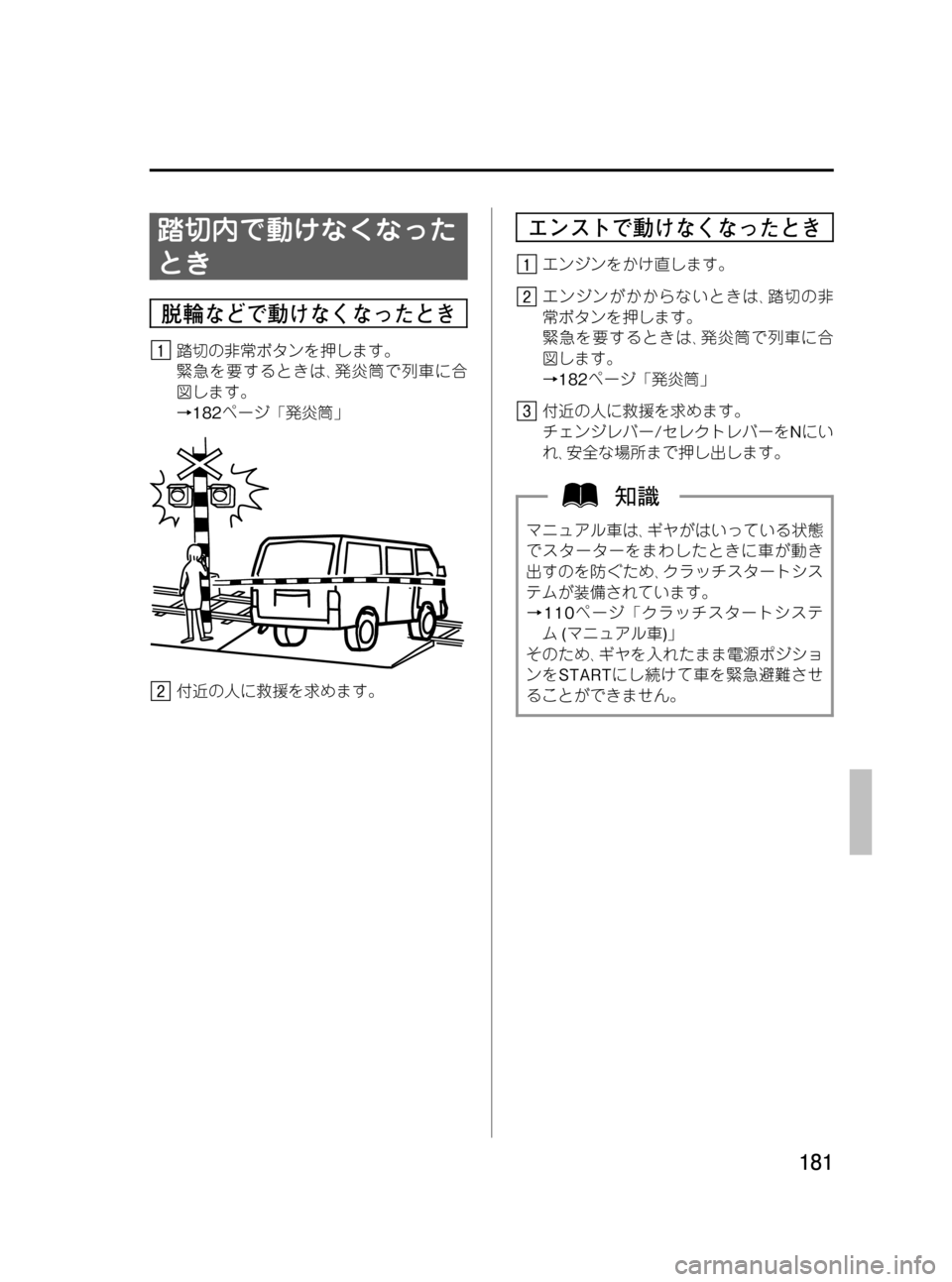 MAZDA MODEL BONGO VAN 2012  取扱説明書 (in Japanese) Black plate (181,1)
踏切内で動けなくなった
とき
脱輪などで動けなくなったとき
踏切の非常ボタンを押します。
緊急を要するときは､発炎筒で列車に