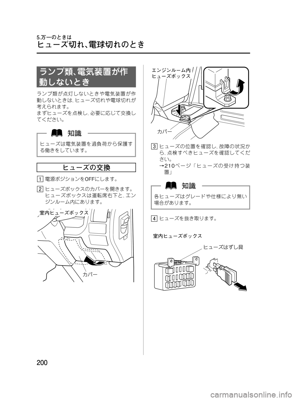 MAZDA MODEL BONGO VAN 2012  取扱説明書 (in Japanese) Black plate (200,1)
ランプ類､電気装置が作
動しないとき
ランプ類が点灯しないときや電気装置が作
動しないときは､ヒューズ切れや電球切れが
考え