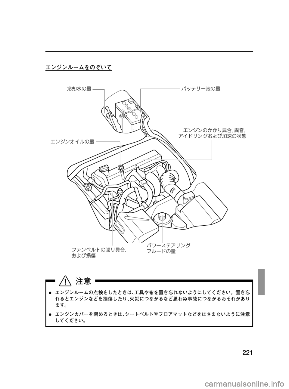 MAZDA MODEL BONGO VAN 2012  取扱説明書 (in Japanese) Black plate (221,1)
エンジンルームをのぞいて
lエンジンルームの点検をしたときは､工具や布を置き忘れないようにしてください。置き忘
れるとエンジ