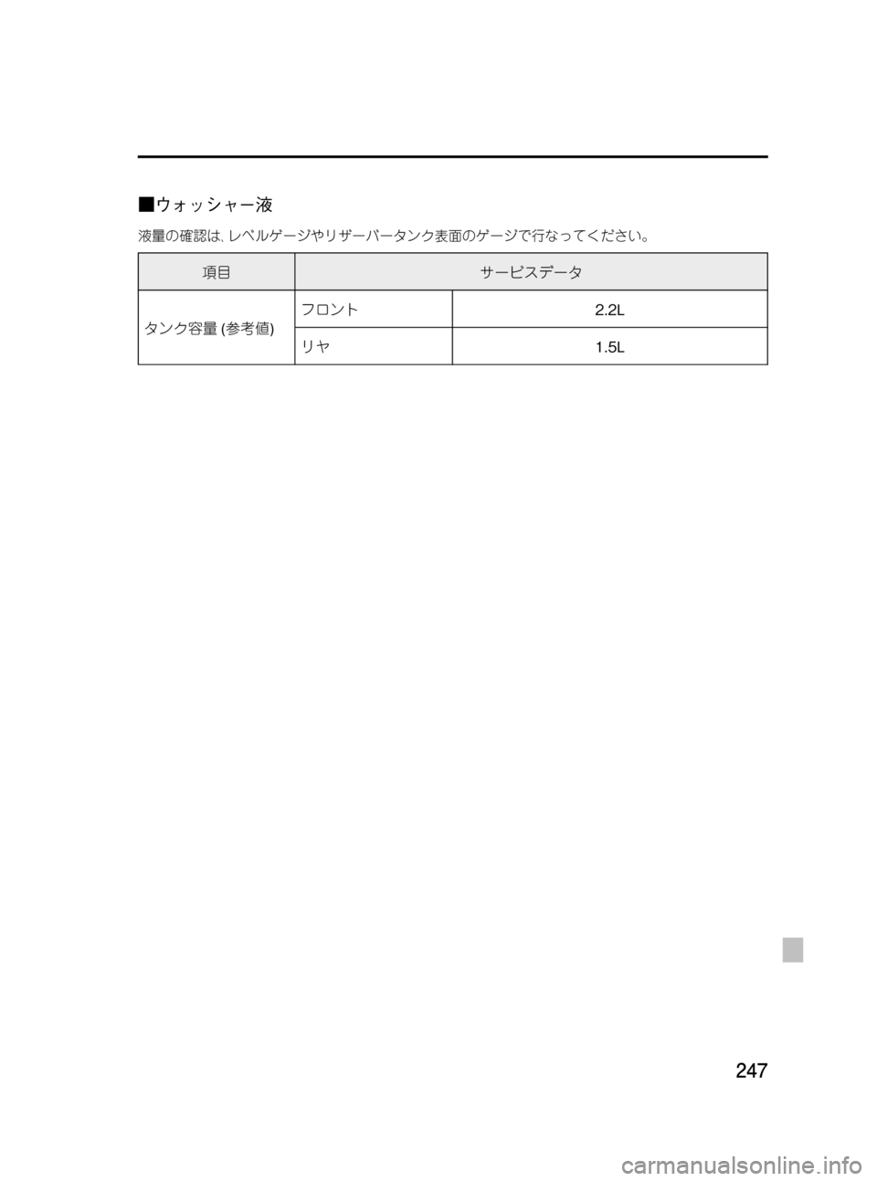 MAZDA MODEL BONGO VAN 2012  取扱説明書 (in Japanese) Black plate (247,1)
■ウォッシャー液
液量の確認は､レベルゲージやリザーバータンク表面のゲージで行なってください。
項目サービスデータ
タンク容