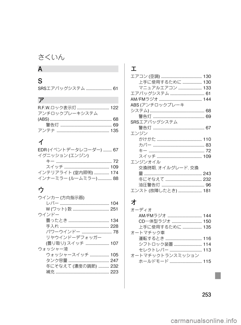 MAZDA MODEL BONGO VAN 2012 取扱説明書 (in Japanese) Black plate (253,1)
A
S
SRSエアバッグシステム........................ 61
ア
R.F.W.ロック表示灯.............................. 122
アンチロックブレーキシステム
(ABS) ...... MAZDA MODEL BONGO VAN 2012 取扱説明書 (in Japanese) Black plate (253,1)
A
S
SRSエアバッグシステム........................ 61
ア
R.F.W.ロック表示灯.............................. 122
アンチロックブレーキシステム
(ABS) ......