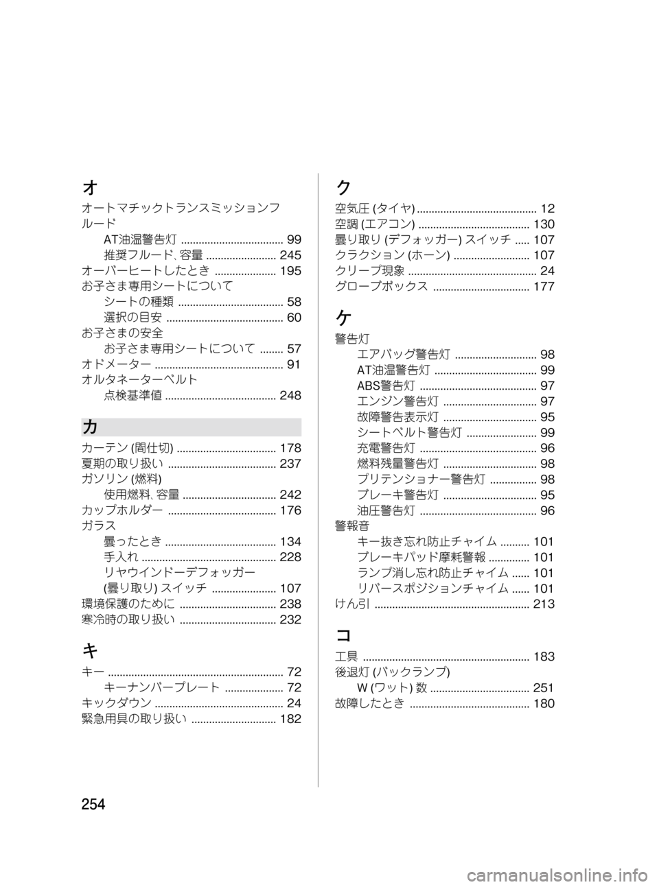 MAZDA MODEL BONGO VAN 2012 取扱説明書 (in Japanese) Black plate (254,1)
オ
オートマチックトランスミッションフ
ルード
AT油温警告灯................................... 99
推奨フルード、容量........................ 245
MAZDA MODEL BONGO VAN 2012 取扱説明書 (in Japanese) Black plate (254,1)
オ
オートマチックトランスミッションフ
ルード
AT油温警告灯................................... 99
推奨フルード、容量........................ 245