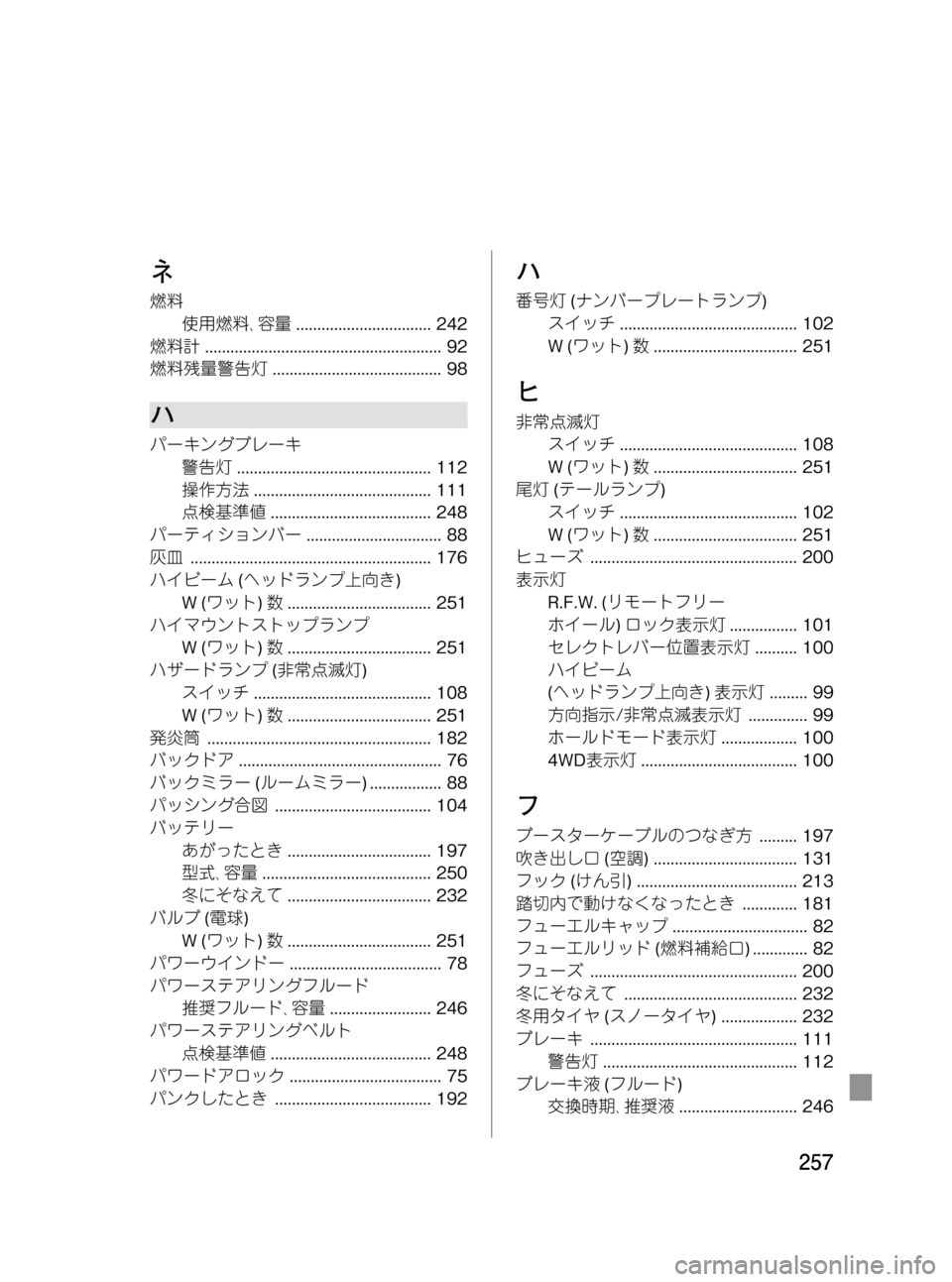 MAZDA MODEL BONGO VAN 2012 取扱説明書 (in Japanese) Black plate (257,1)
ネ
燃料
使用燃料、容量................................ 242
燃料計........................................................ 92
燃料残量警告灯..................... MAZDA MODEL BONGO VAN 2012 取扱説明書 (in Japanese) Black plate (257,1)
ネ
燃料
使用燃料、容量................................ 242
燃料計........................................................ 92
燃料残量警告灯.....................