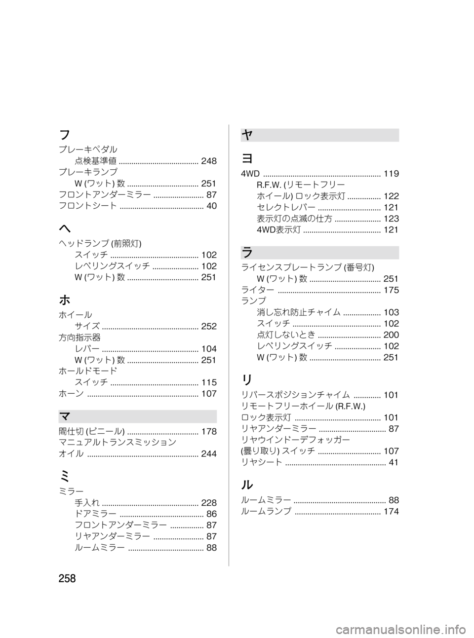 MAZDA MODEL BONGO VAN 2012 取扱説明書 (in Japanese) Black plate (258,1)
フ
ブレーキペダル
点検基準値...................................... 248
ブレーキランプ
W(ワット)数.................................. 251
フロントアン MAZDA MODEL BONGO VAN 2012 取扱説明書 (in Japanese) Black plate (258,1)
フ
ブレーキペダル
点検基準値...................................... 248
ブレーキランプ
W(ワット)数.................................. 251
フロントアン