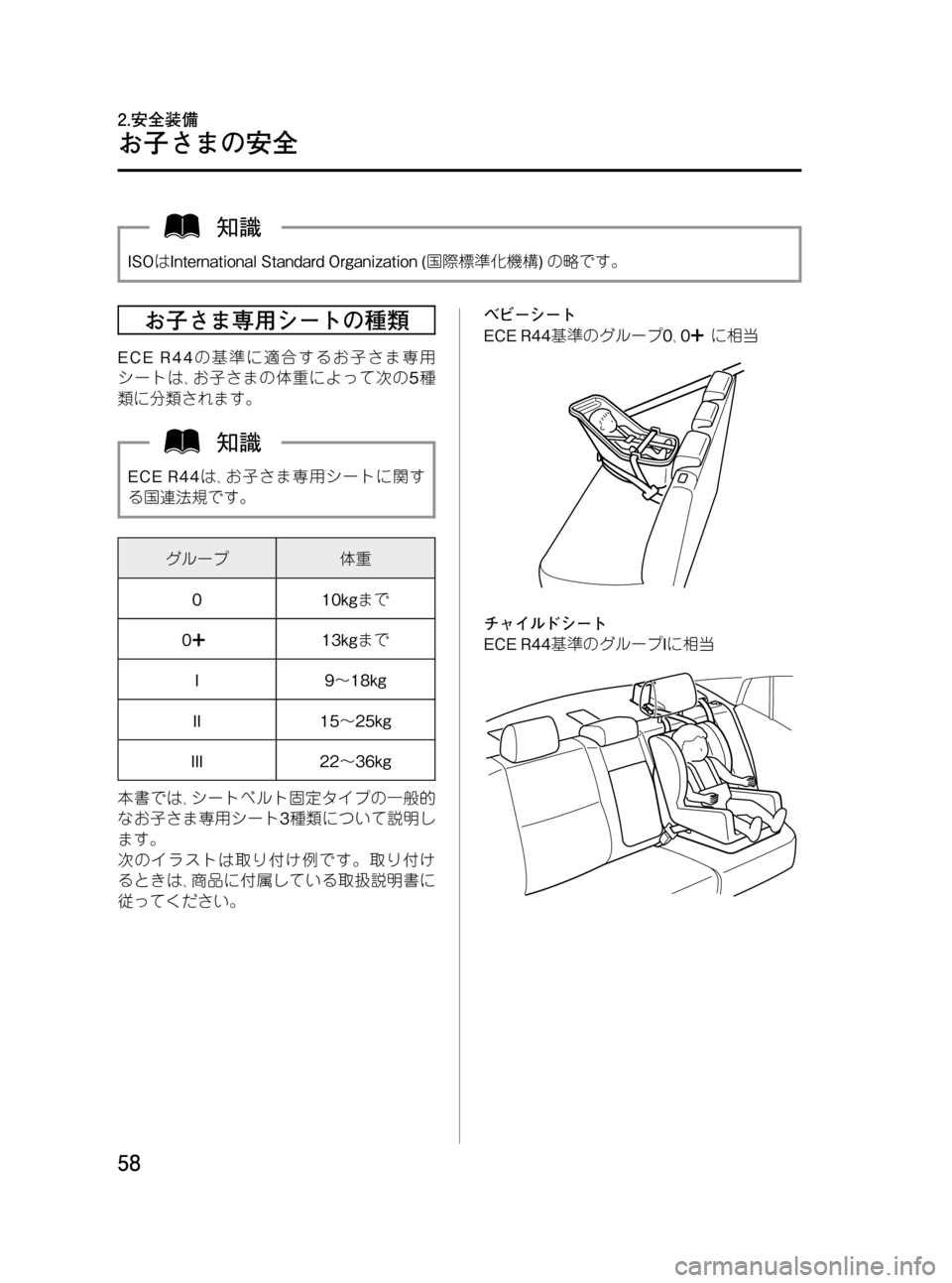 MAZDA MODEL BONGO VAN 2012  取扱説明書 (in Japanese) Black plate (58,1)
ISOはInternational Standard Organization (国際標準化機構)の略です。
お子さま専用シートの種類
ECE R44の基準に適合するお子さま専用
シートは