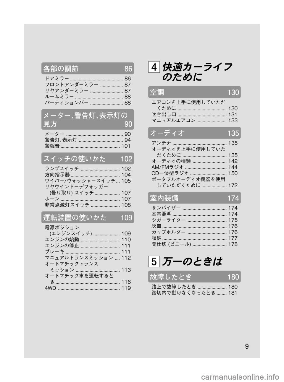 MAZDA MODEL BONGO VAN 2012  取扱説明書 (in Japanese) Black plate (9,1)
各部の調節86
ドアミラー.......................................... 86
フロントアンダーミラー.................. 87
リヤアンダーミラー.....................