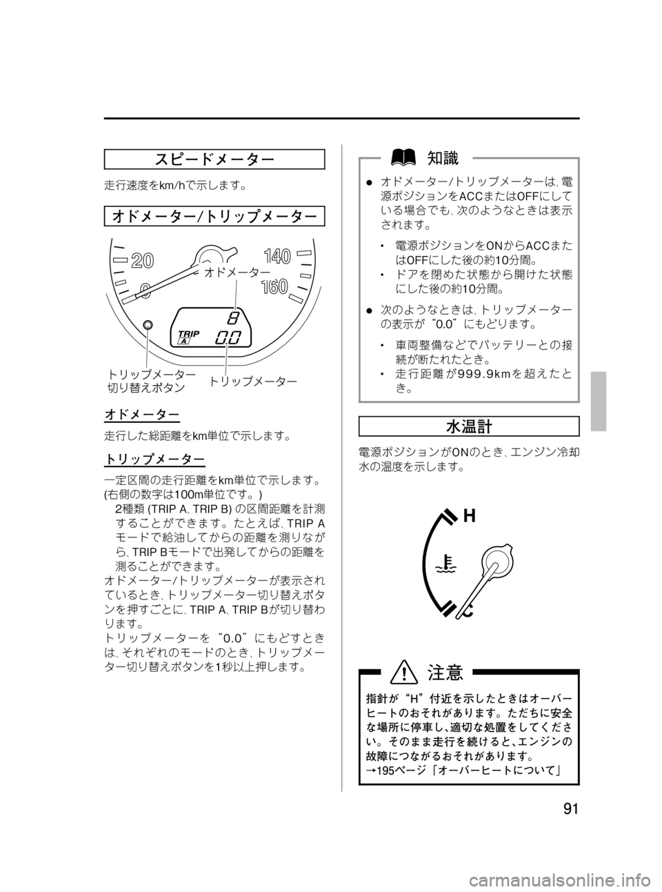 MAZDA MODEL BONGO VAN 2012  取扱説明書 (in Japanese) Black plate (91,1)
スピードメーター
走行速度をkm/hで示します。
オドメーター/トリップメーター
オドメーター
走行した総距離をkm単位で示します。
ト