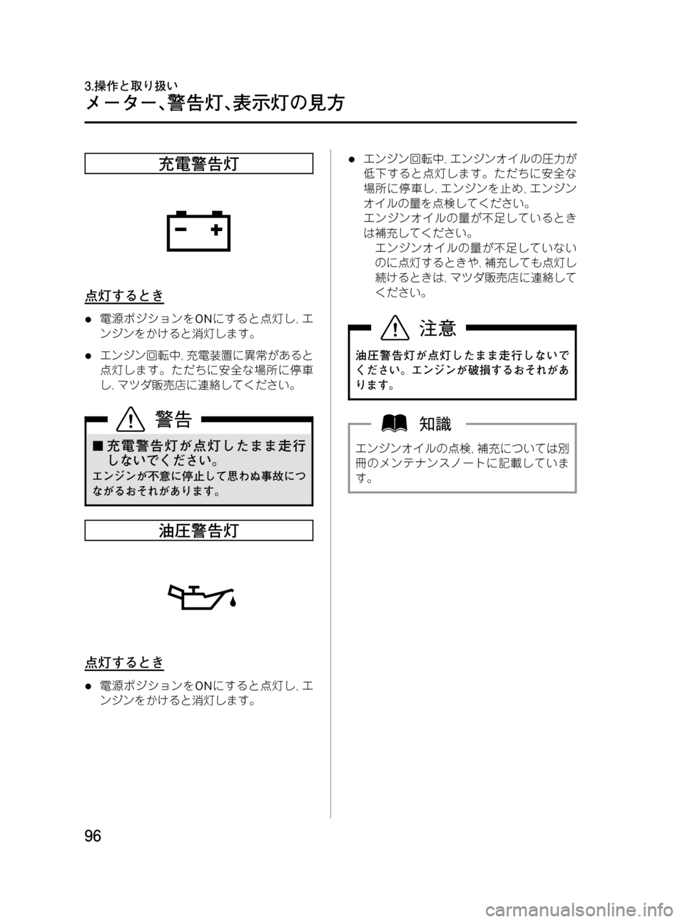MAZDA MODEL BONGO VAN 2012  取扱説明書 (in Japanese) Black plate (96,1)
充電警告灯
点灯するとき
l電源ポジションをONにすると点灯し､エ
ンジンをかけると消灯します。
lエンジン回転中､充電装置に異常