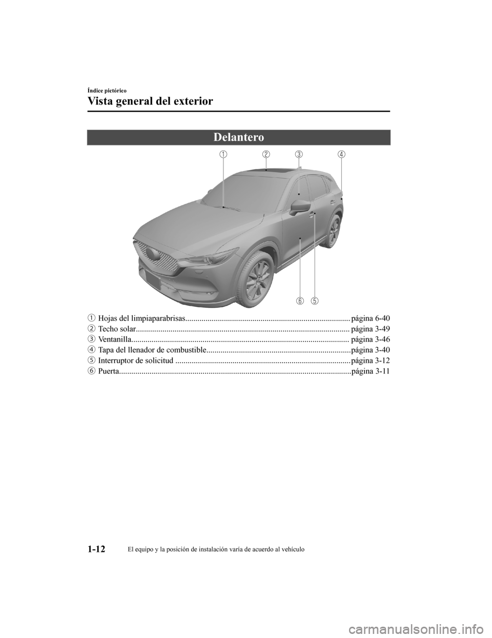 MAZDA MODEL CX-5 2020  Manual del propietario (in Spanish) Delantero
ƒHojas del limpiaparabrisas..................................... ............................................ página 6-40
„ Techo solar.................................................