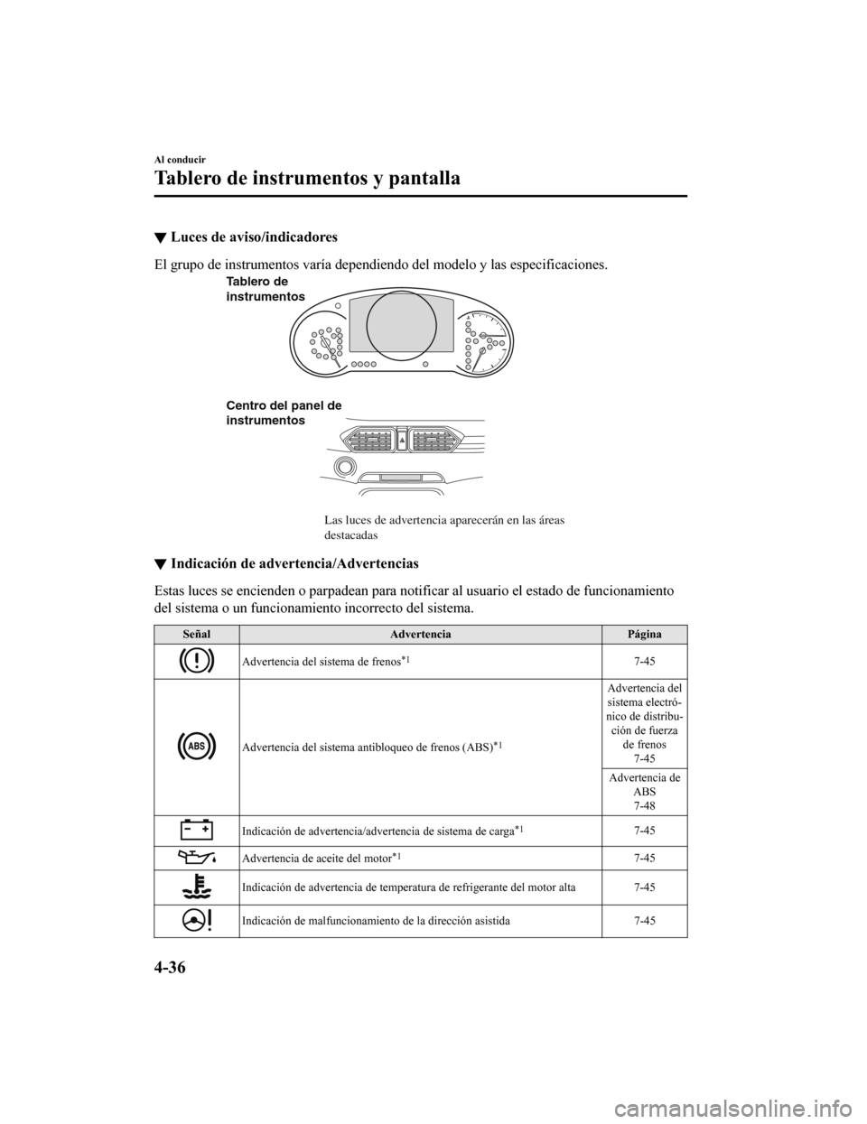 MAZDA MODEL CX-5 2020  Manual del propietario (in Spanish) ▼Luces de aviso/indicadores
El grupo de instrumentos 
varía dependiendo del mode lo y las especificaciones.
Las luces de advertencia aparecerán en las áreas 
destacadas
Tablero de 
instrumentos
C