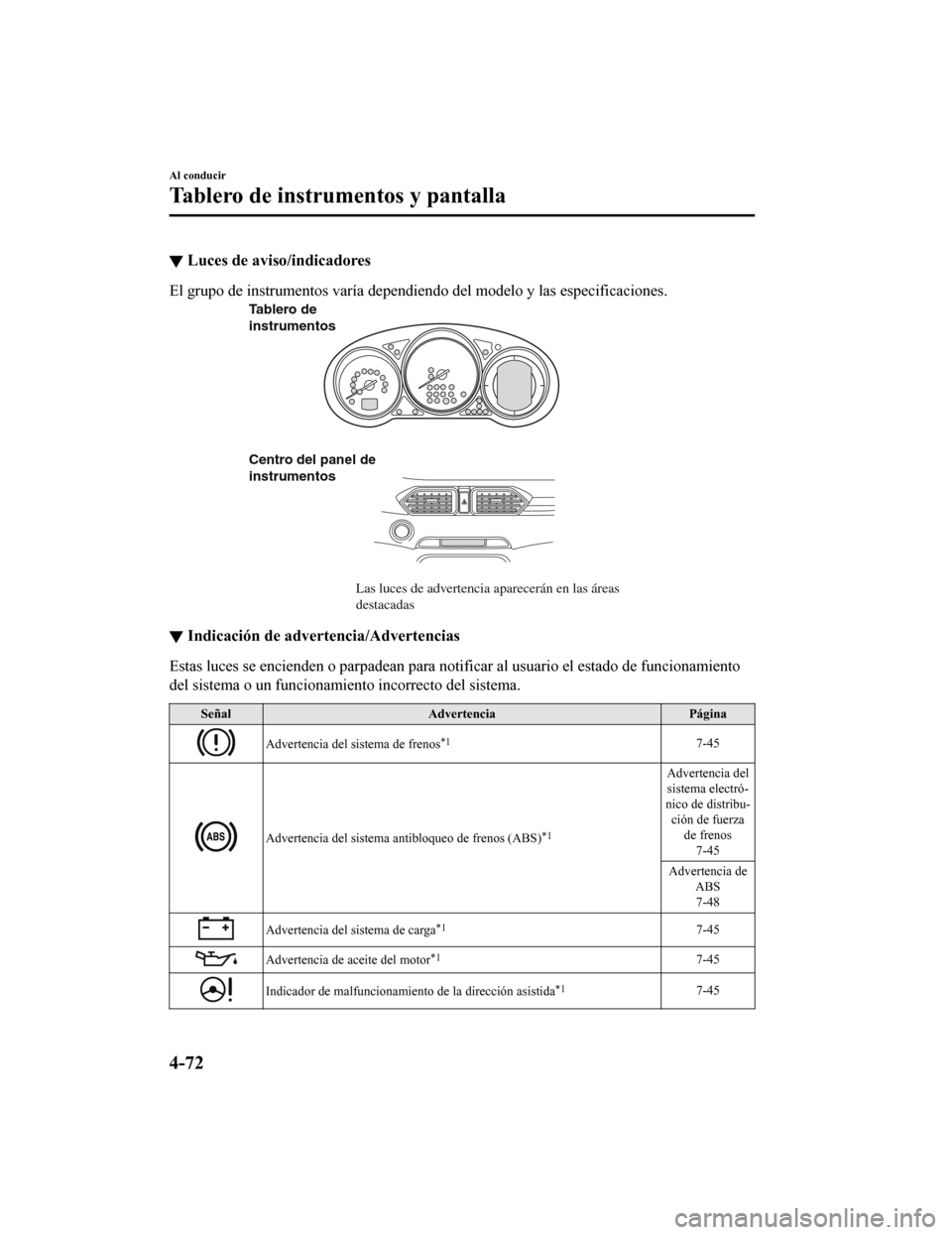 MAZDA MODEL CX-5 2020  Manual del propietario (in Spanish) ▼Luces de aviso/indicadores
El grupo de instrumentos 
varía dependiendo del mode lo y las especificaciones.
Las luces de advertencia aparecerán en las áreas 
destacadas
Tablero de 
instrumentos
C