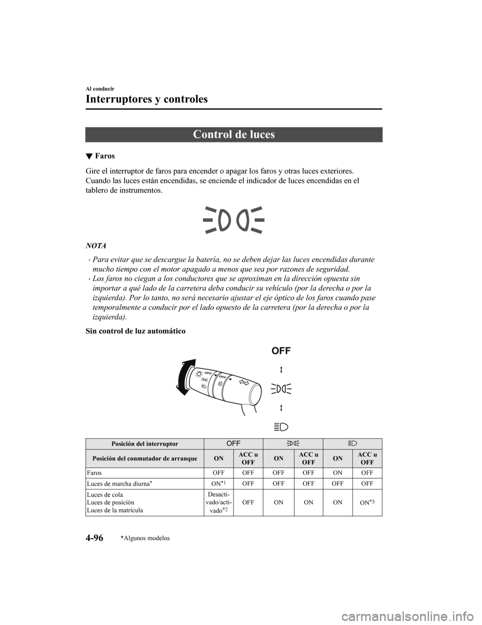 MAZDA MODEL CX-5 2020 Manual del propietario (in Spanish) Control de luces
▼Faros
Gire el interruptor de faros para encender
o apagar los faros y otras luces exteriores.
Cuando las luces están encendidas, se enciende el indicador de luces encendidas en e MAZDA MODEL CX-5 2020 Manual del propietario (in Spanish) Control de luces
▼Faros
Gire el interruptor de faros para encender
o apagar los faros y otras luces exteriores.
Cuando las luces están encendidas, se enciende el indicador de luces encendidas en e