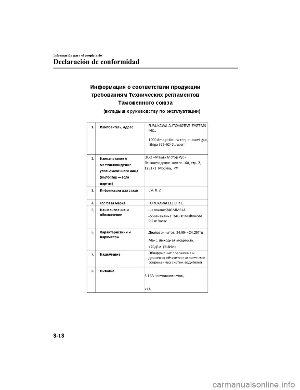 MAZDA MODEL CX-5 2020  Manual del propietario (in Spanish) Información para el propietario
Declaración de conformidad
8-18
CX-5_8HD7-SP-18K_Edition12018-9-25 9:54:30 