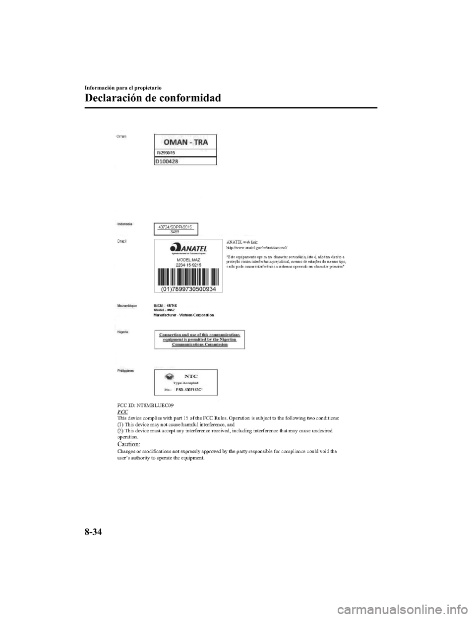 MAZDA MODEL CX-5 2020 Manual del propietario (in Spanish) Información para el propietario
Declaración de conformidad
8-34
CX-5_8HD7-SP-18K_Edition12018-9-25 9:54:30 MAZDA MODEL CX-5 2020 Manual del propietario (in Spanish) Información para el propietario
Declaración de conformidad
8-34
CX-5_8HD7-SP-18K_Edition12018-9-25 9:54:30