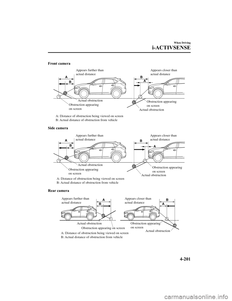 MAZDA MODEL CX-5 2019 Owners Manual (in English) Front camera
Actual obstruction Actual obstruction
A: Distance of obstruction being viewed on screen
B: Actual distance of obstruction from vehicle Obstruction appearing
on screen
Obstruction app MAZDA MODEL CX-5 2019 Owners Manual (in English) Front camera
Actual obstruction Actual obstruction
A: Distance of obstruction being viewed on screen
B: Actual distance of obstruction from vehicle Obstruction appearing
on screen
Obstruction app